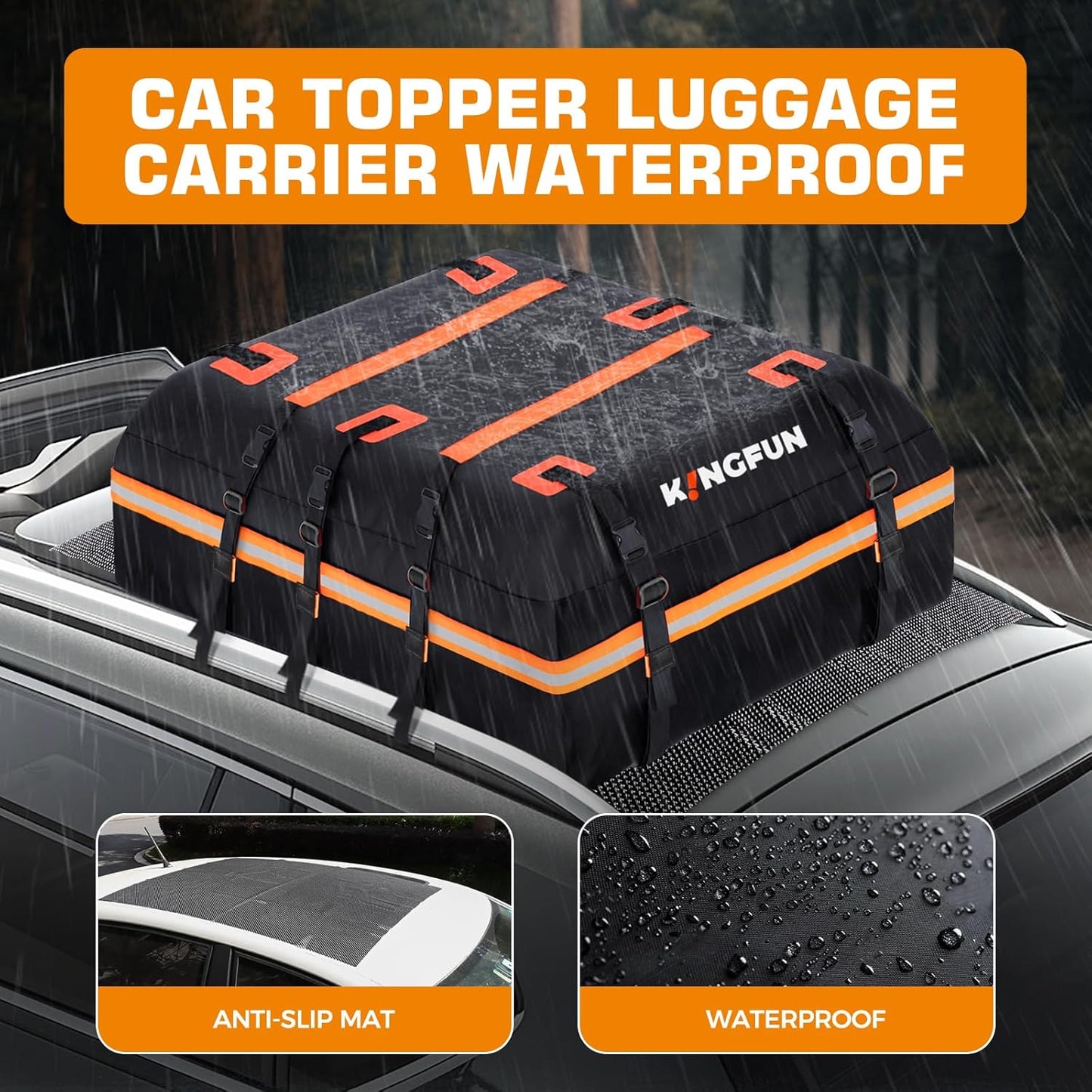 Kingfun Car Rooftop Cargo Carrier – Waterproof 15 Cubic Feet Car Roof Bag Fit All Vehicles with/Without Roof Racks, Includes Anti-Slip Mat, 8 Reinforced Straps & 6 Door Hooks, Luggage Locks
