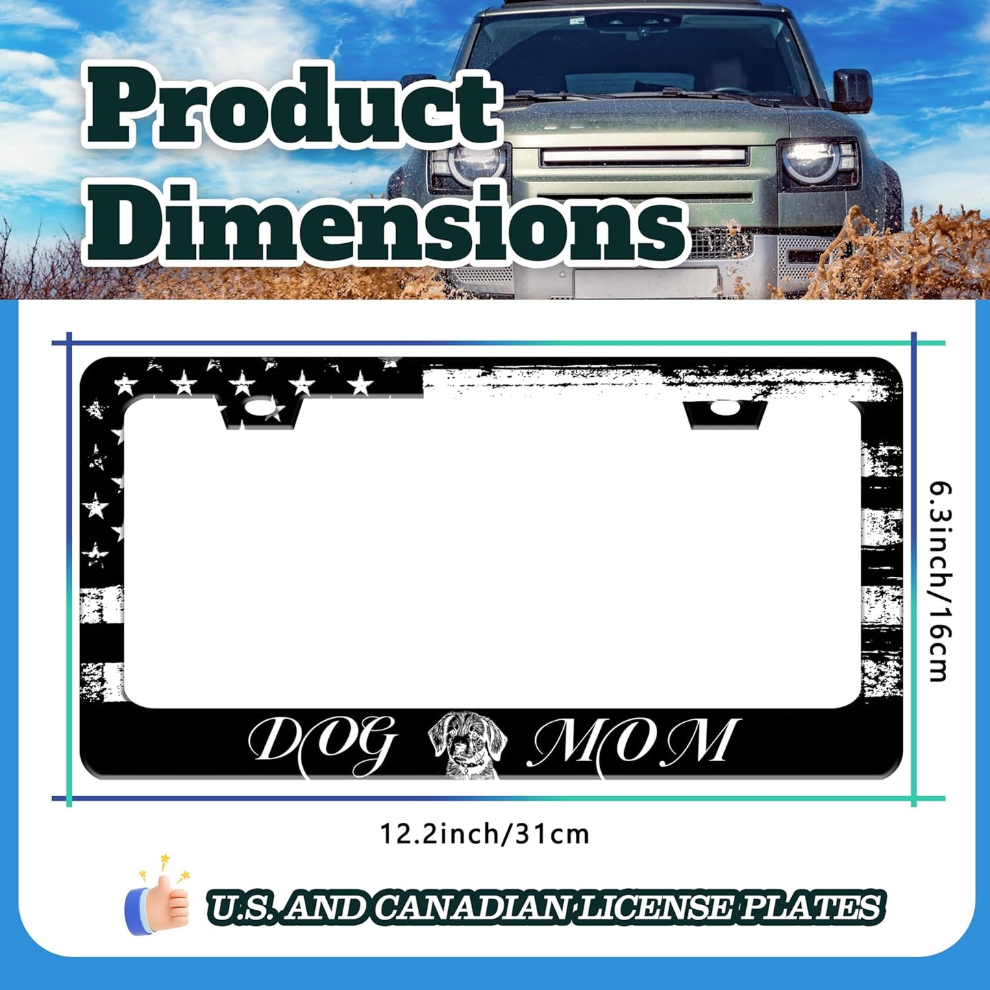 Dog Mom License Plate Frame Vintage American Flag Animal License Plate Holder for Front or Rear Car Tags Reusable Durable Stainless Steel Car Funny Decoration with Screws 6.3 X 12.2 in for Men Women