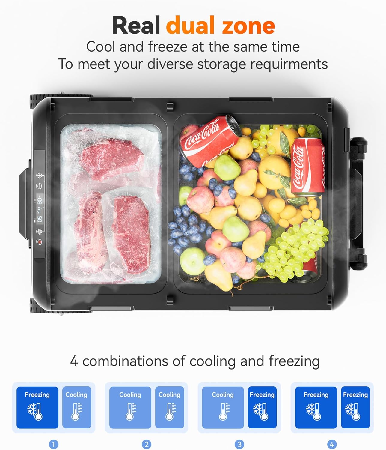 WOLFBOX 12V Car Refrigerator, 48 Quart Dual Zone Car Fridge, Portable Freezer(-8℉~68℉) with 12/24V DC 100/240V AC, APP Control Electric Cooler for Car, RV, Camping, Travel and Home Use
