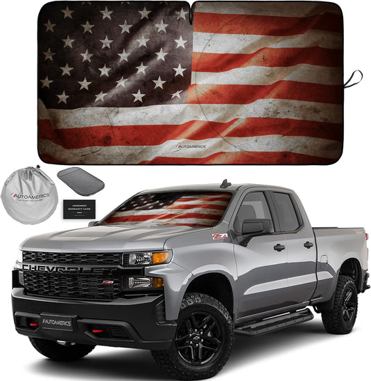 Autoamerics 1-Piece Windshield Sun Shade Grunge American Flag - 1 USA Design - Foldable Car Front Window Sunshade for Most Sedans SUV Truck - Blocks Max UV Rays and Keeps Your Vehicle Cool - Large