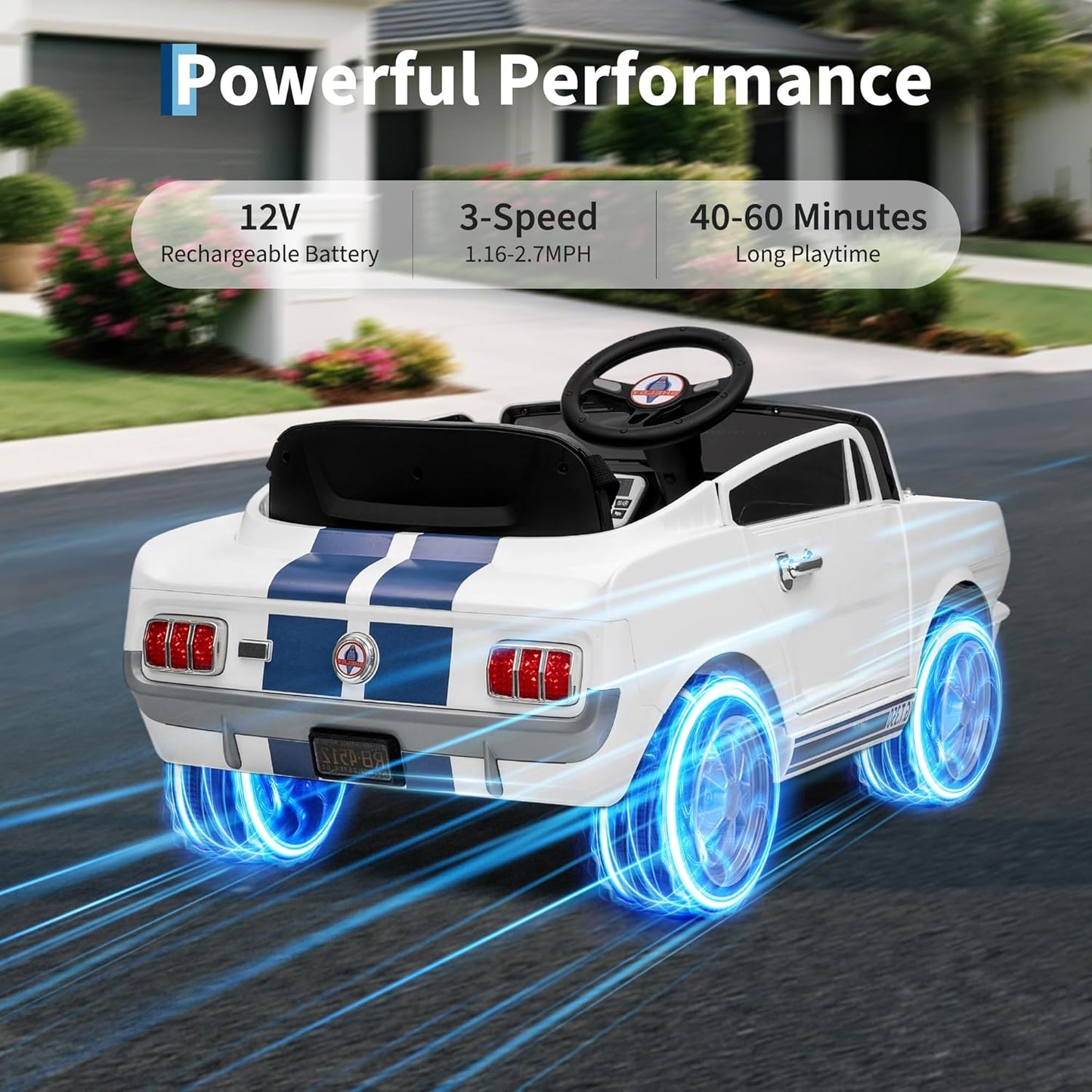 12V Ride on Car Licensed Shelby GT350, Battery Powered Ride On Toy for Toddlers with Remote Control, Electric Car for Kids, Bluetooth, Shock Absorbers, Safety Belt, 3 Speeds, LED Lights, Music, White