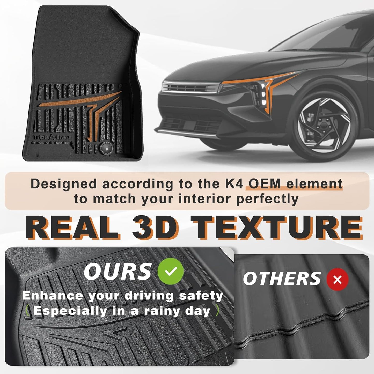 TripleAliners Floor Mats & Trunk Mat Full Set Compatible with 2024 2025 Kia K4 Sedan All Weather Liners TPE Custom Fit Anti-Slip Full Coverage Odorless Waterproof Cargo Liners(Trunk Mat+ Floor Mats)