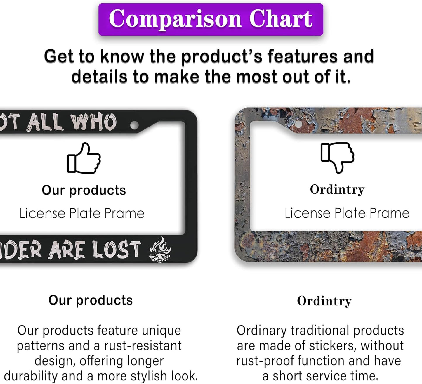 License Plate Holder Black and White License Plate Frames Not All Who Wander are Lost Universal Aluminum Car Accessory 2 Pack with Screw Covers Set