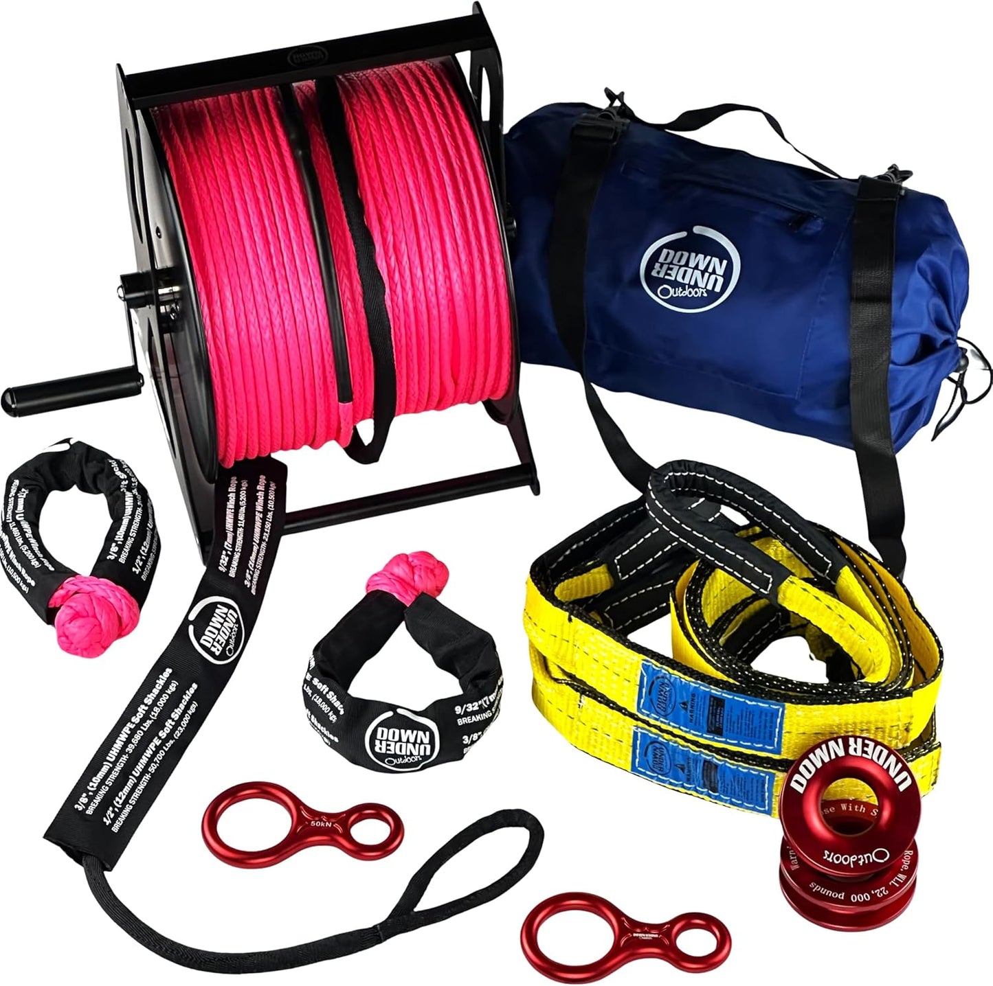 DOWN UNDER OUTDOORS Game/Log/4x4 Recovery Kit, Deer Drag, 650 ft of 9/32” (11,460 lbs) Winch Rope on Metal Reel, 2 Tree Savers, 2 Soft Shackles, 2 Snatch Rings, 2 Figure 8 Rings, Gear Bag