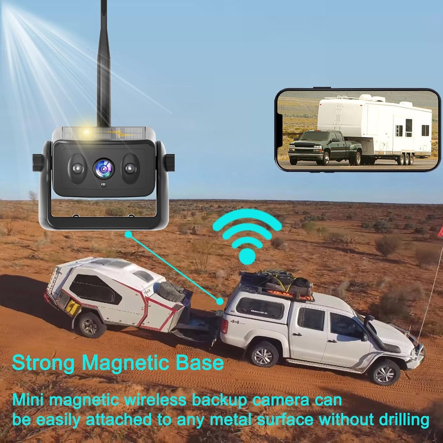 Wireless Backup Camera for RV/Truck/Camper/Trailer - Solar-Powered Strong Magnetic Mount, No Wiring/Drilling, HD Night Vision, Waterproof, Low Power - Works with iPhone & Android (Easy Installation)
