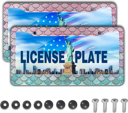 License Plate Frame Holder Pink License Plate Frames for Women Ombre Mermaid Scales Women Aluminum Metal Car Accessory 2 Pack with Screw Covers Set