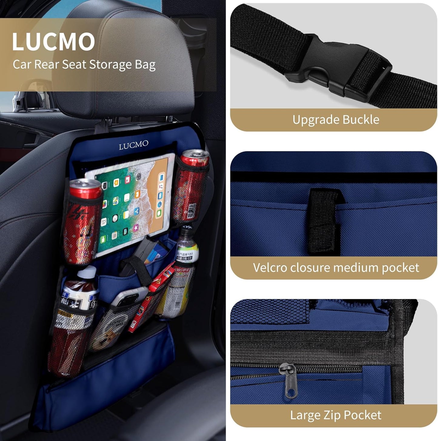 LUCMO Car Backseat Organizer with Touch Screen Tablet Holder-2 Pcs,9 Storage Pockets Car Storage Organizer Protectors Kick Mats Travel Accessories for Kids-Dark Blue