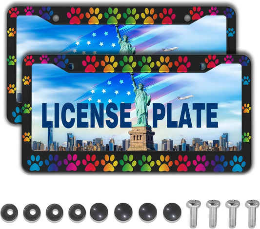 License Plate Holder Rainbow License Plate Frames Colors of The Rainbow Dog Paw Universal Aluminum Car Accessory 2 Pack with Screw Covers Set