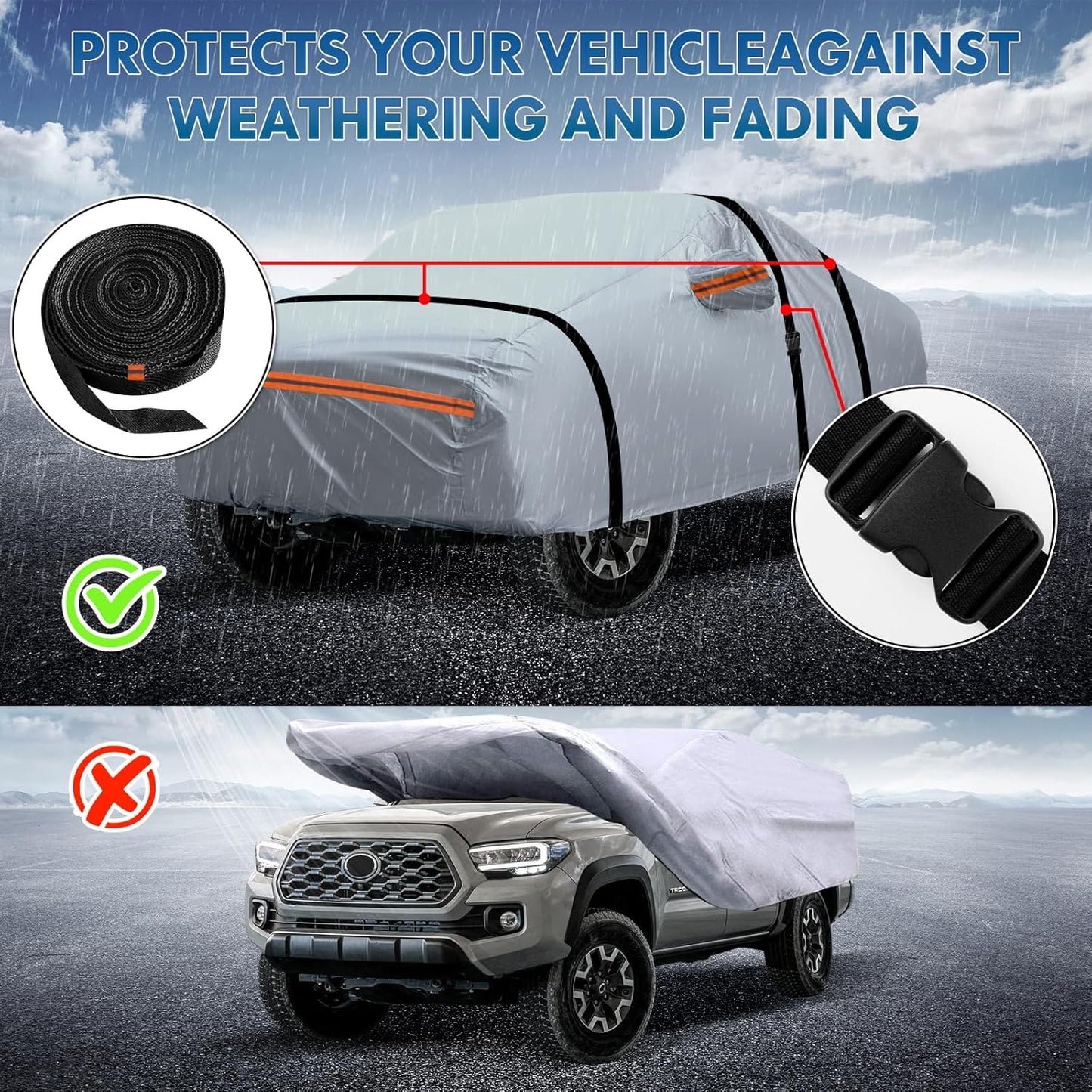 KEYOOG Car Cover, Fit for 230"-260" Length Pickup Truck, 6-Layer All-Weather Waterproof, Universal in All Seasons, Snow Prevention, Rainproof, Acid Rainproof, Sunscreen, Orange Reflective Strip