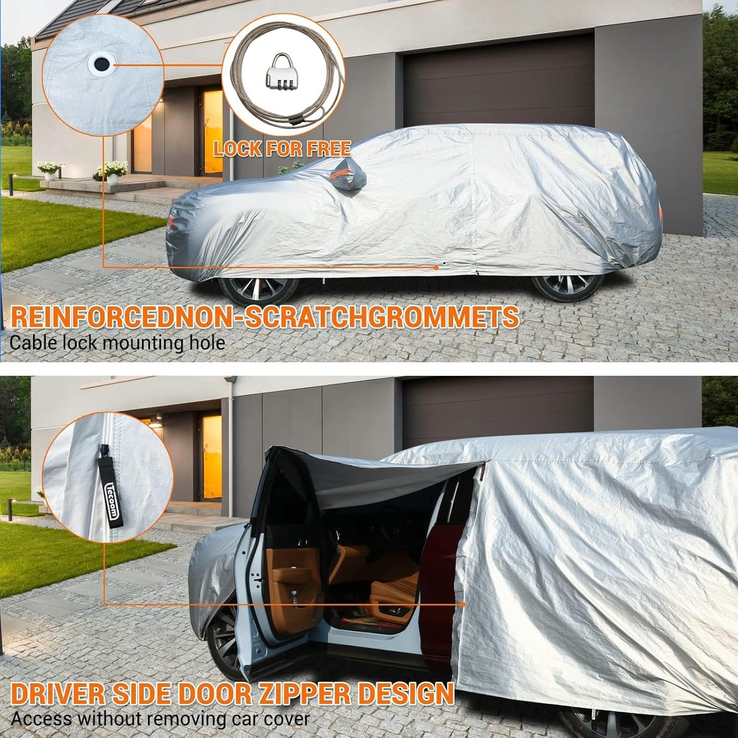 Tecoom SUV Car Cover Waterproof All Weather, Fleece Lining Car Covers for Automobiles with Zipper Door Lock, Wind Snow Proof Sun UV Protection Outdoor Winter Full Car Cover Fit for 216-230 Inch SUV
