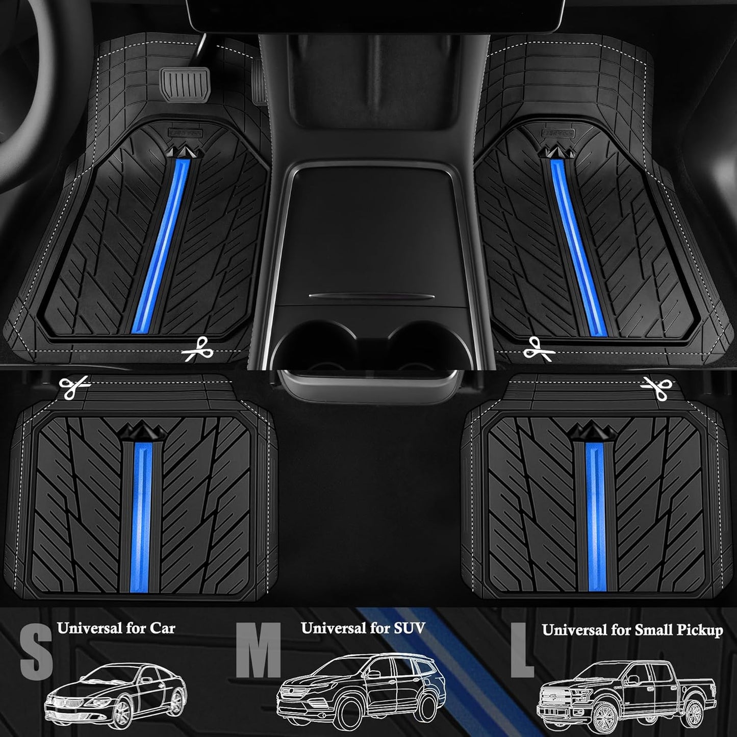 CAR PASS Metal Medium Rubber Floor Mats for Car Heavy Duty Car Mats All Weather, Universal Trim to Fit for Truck SUV Vehicle Automotive Floor Mats, Waterproof Car Mats 4 Piece Black Bule
