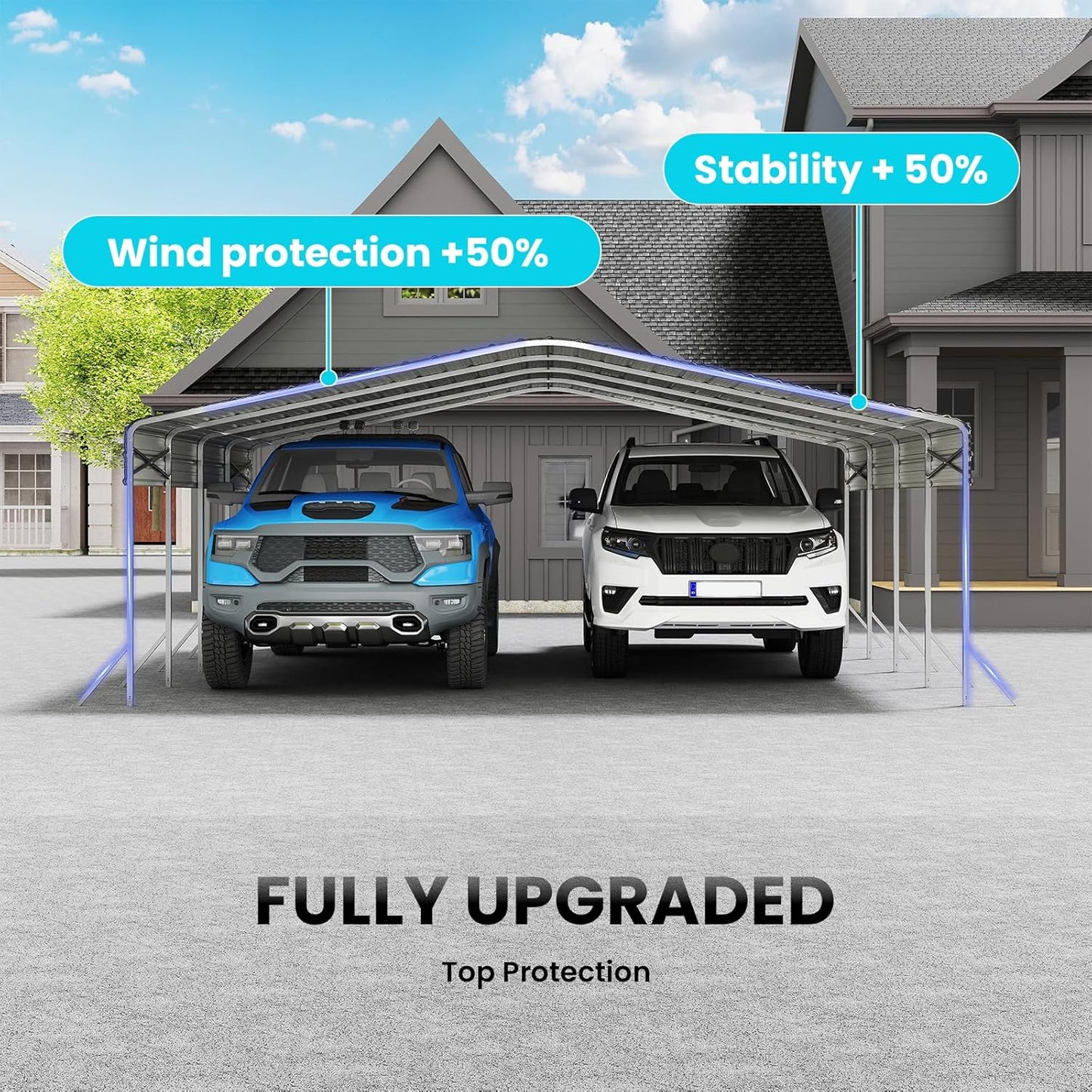 Heavy Duty Metal Carport – Sturdy Structure, All-Weather Protection, Easy Assembly for Cars, Trucks, Boats, Tractors, and Outdoor Storage (White, 20X20 FT)
