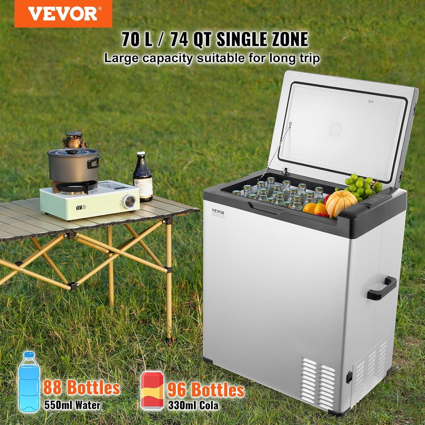 VEVOR 12 Volt Car Refrigerator Fridge, 70Liter(74qt) Single Zone Portable Freezer, -4℉-68℉ Adjustable Range, 12/24V DC and 100-240V AC Compressor Cooler for Outdoor, Camping, RV, Silver