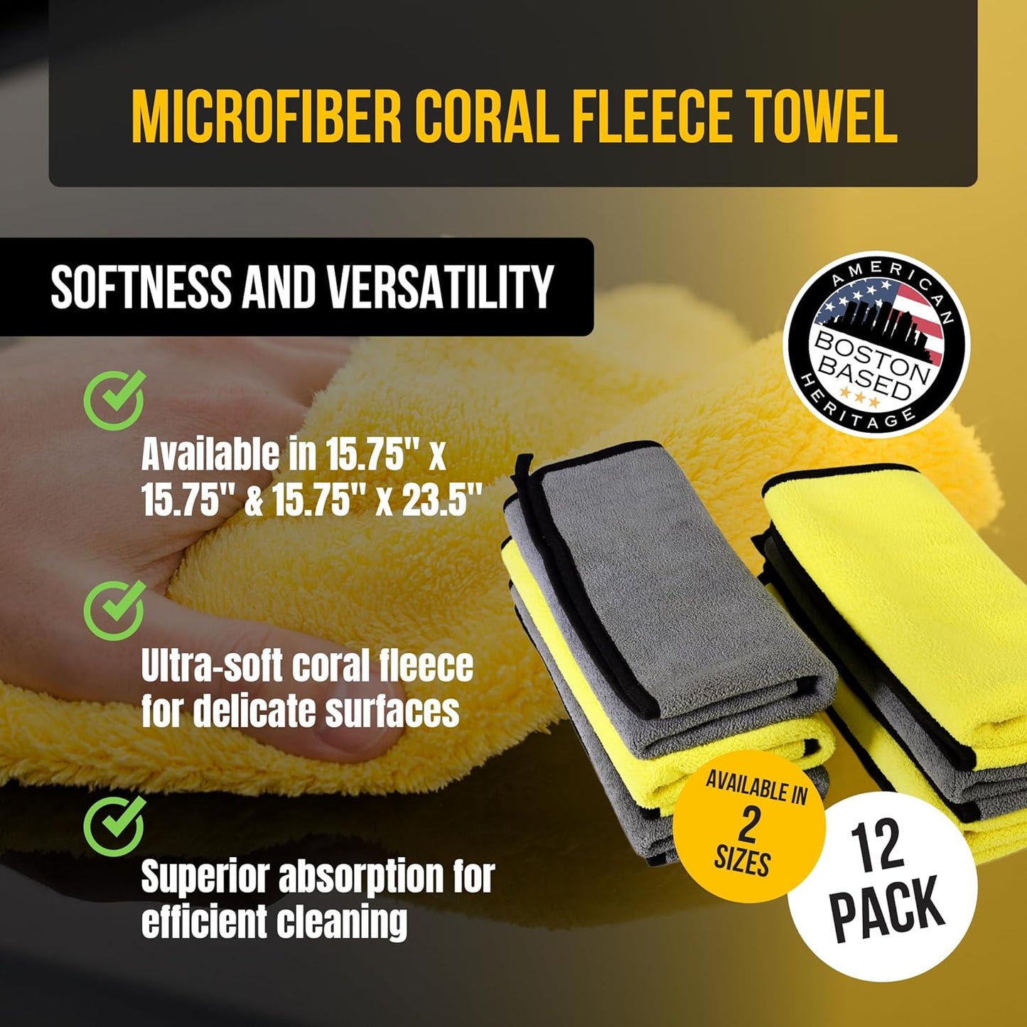 VPD Microfiber Coral Fleece Towels - Dark Yellow, Ultimate Car Drying Towels, Extra Large, Super Absorbent, Lint and Scratch Free, Perfect for Car Wax Polishing (12, 15.75" by 23.5")