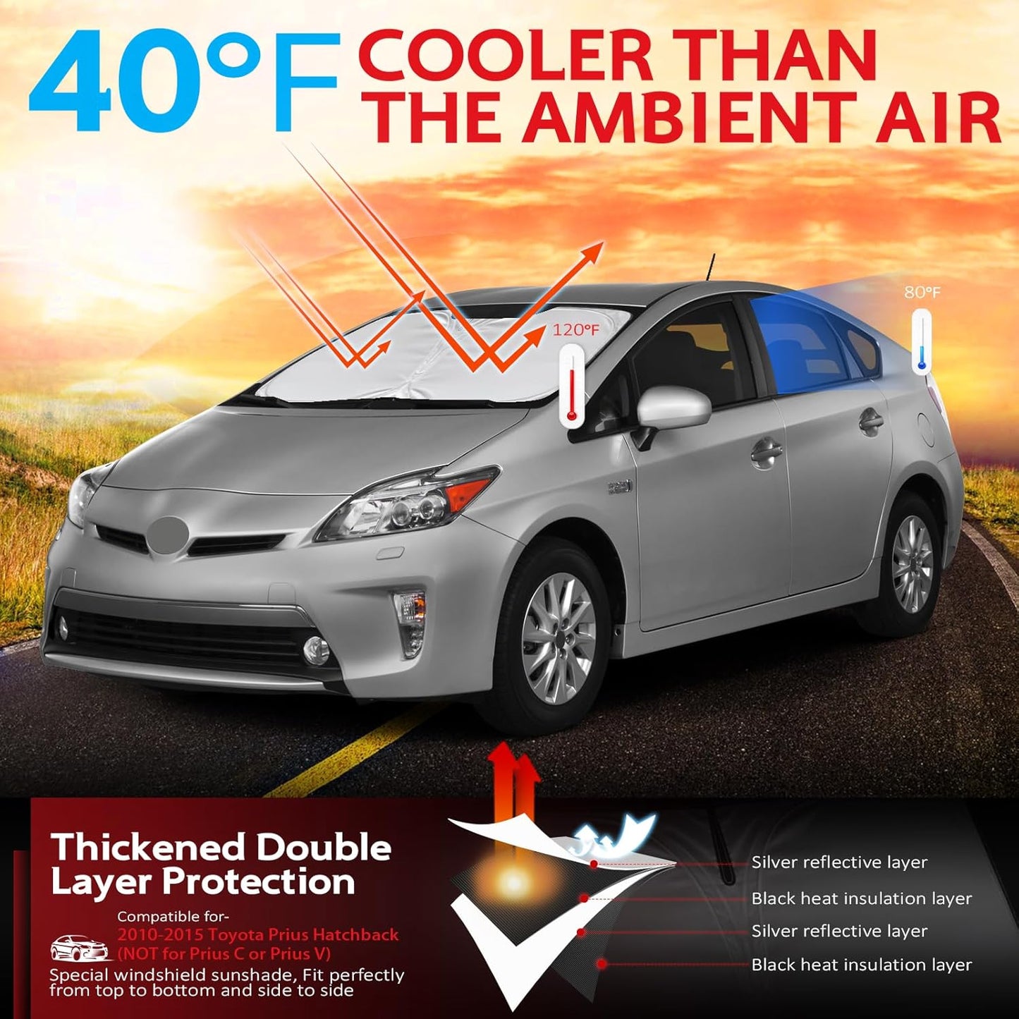 KAYZT Windshield Sun Shade for 2010-2015 Toyota Prius Hatchback (Not for Prius C or Prius V) Foldable Sunshade Front Window Custom Fit Car Accessories