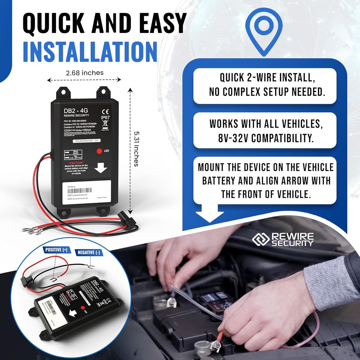 REWIRE SECURITY DB2 Wired GPS Tracker for Vehicles | Easy Installation on 8V–32V Batteries | Fits with Car, Truck, Trailer, RV, Van, Boat & Motorbike | Live Tracking | Low Cost Subscription Plans