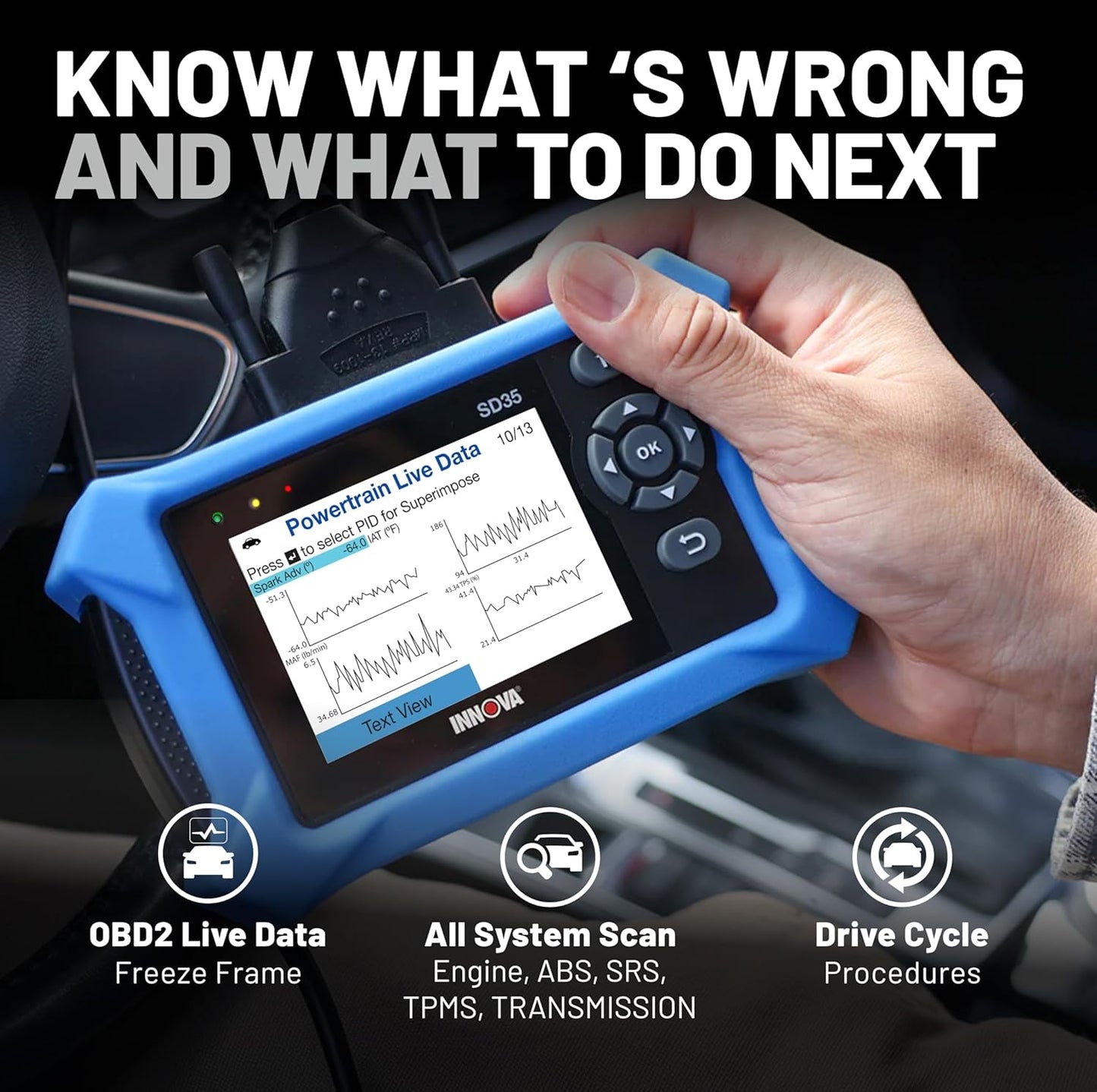 Innova SD35 OBD2 Scanner – ABS, SRS, TPMS & Check Engine Code Reader, Live Data, All System Diagnostics, Compatible with Most Vehicles
