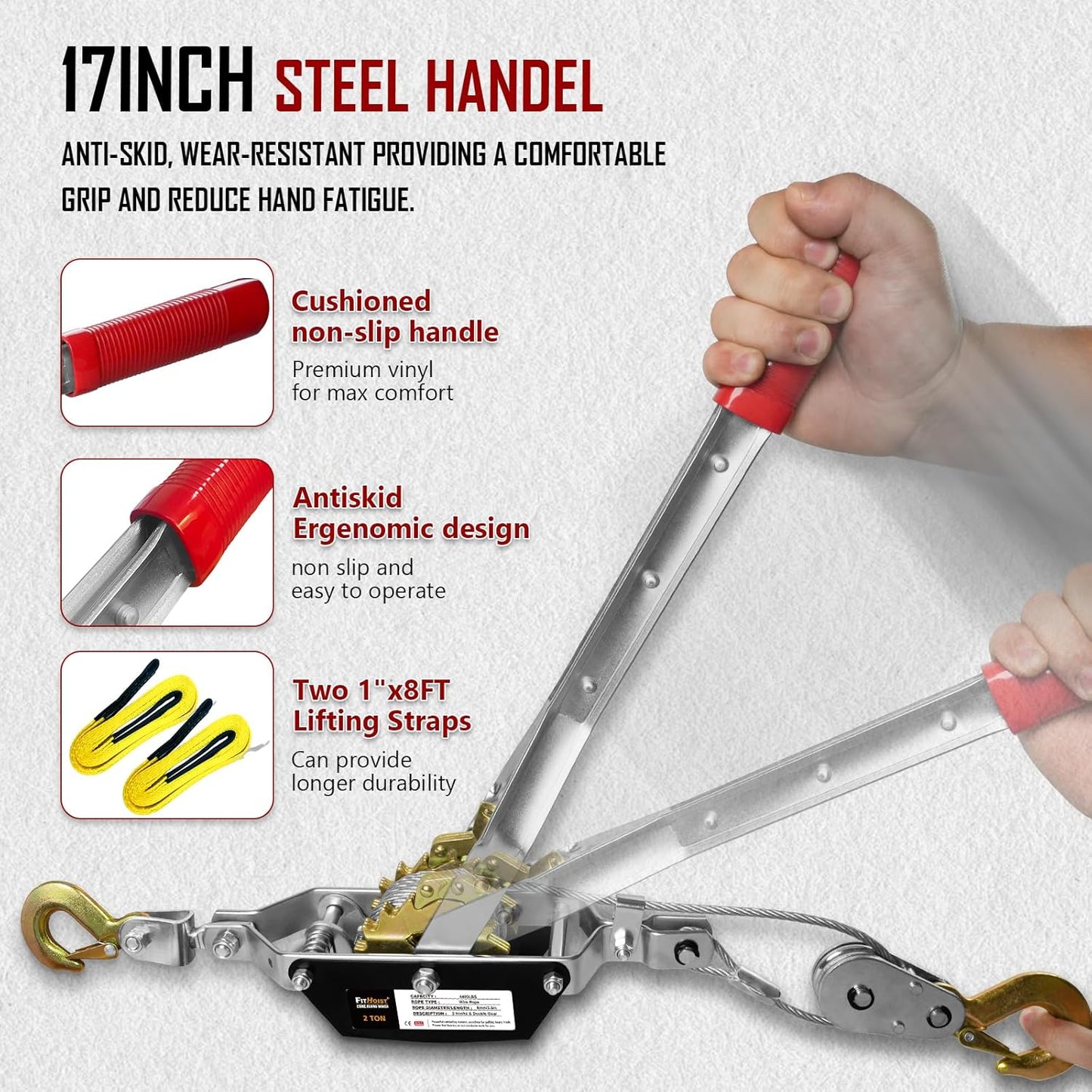 Come Along Winch 2T, Pulling Capacity 12 FT Steel Cable 2 Hooks, with Two 1"x8FT Lifting Straps, Heavy Duty Come Along Tool with Dual Gears, Heavy Duty Hoist Cable Puller for Vehicle Rescue