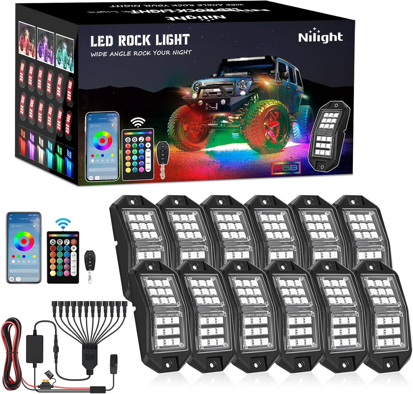 Nilight RGB LED Rock Lights Kit 12 PCS 18LED Wide Angle Wheel Well Light with Remote & Bluetooth App Dual Control Multi Modes Underglow Multicolor Neon Pod for ATV UTV SUV Offroad Truck RZR Boat