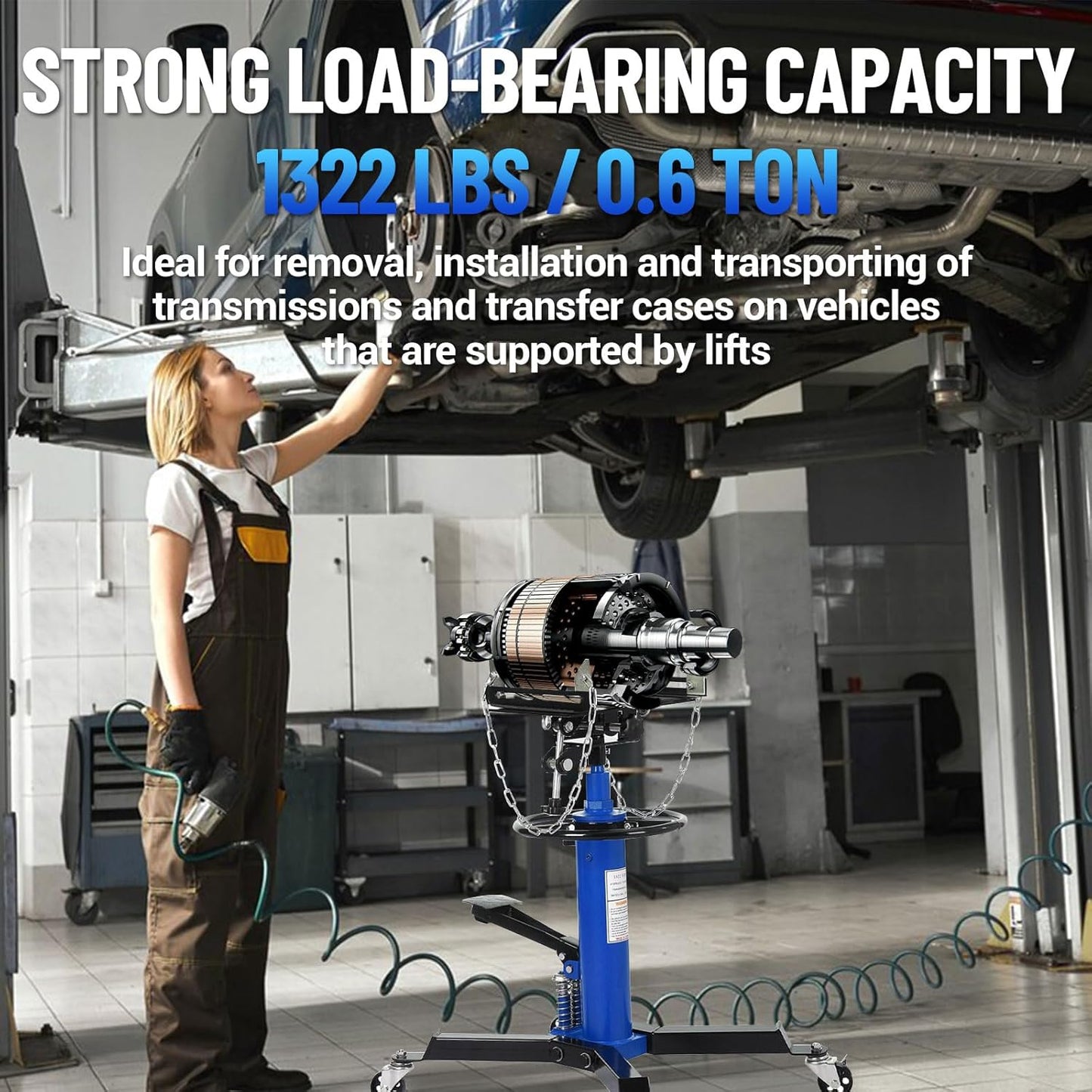 Dual Plunger Hydraulic Transmission Jack 1322lbs Capacity, 33.5"-69" High Lift 2-Stage Hydraulic Telescoping Jack, Trans Jack Stand with 8MM Non-Slip Pad, Foot Pedal & Swivel Wheel, Blue