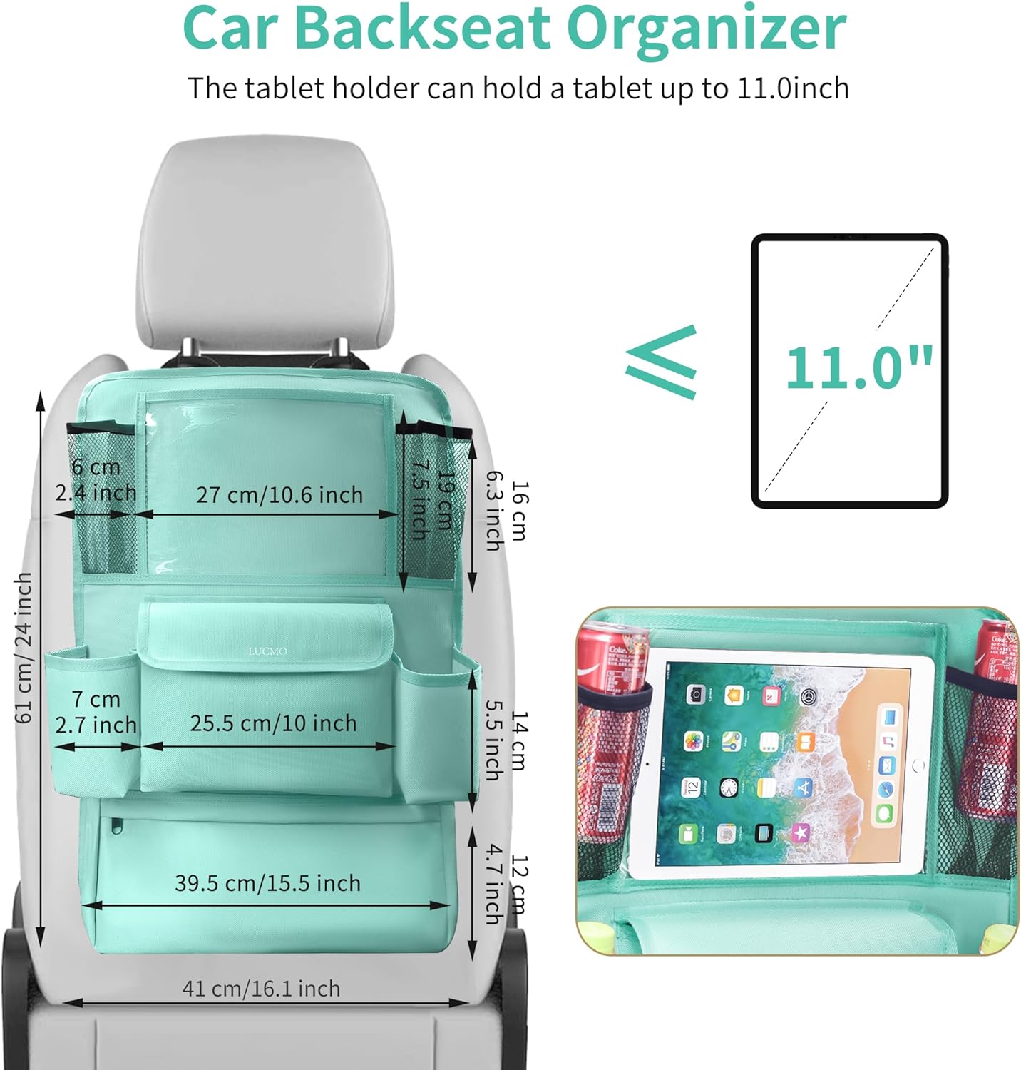 LUCMO Car Backseat Organizer with Touch Screen Tablet Holder,9 Storage Pockets Car Storage Organizer,Protectors Kick Mats Travel Accessories for Kids-Light Blue