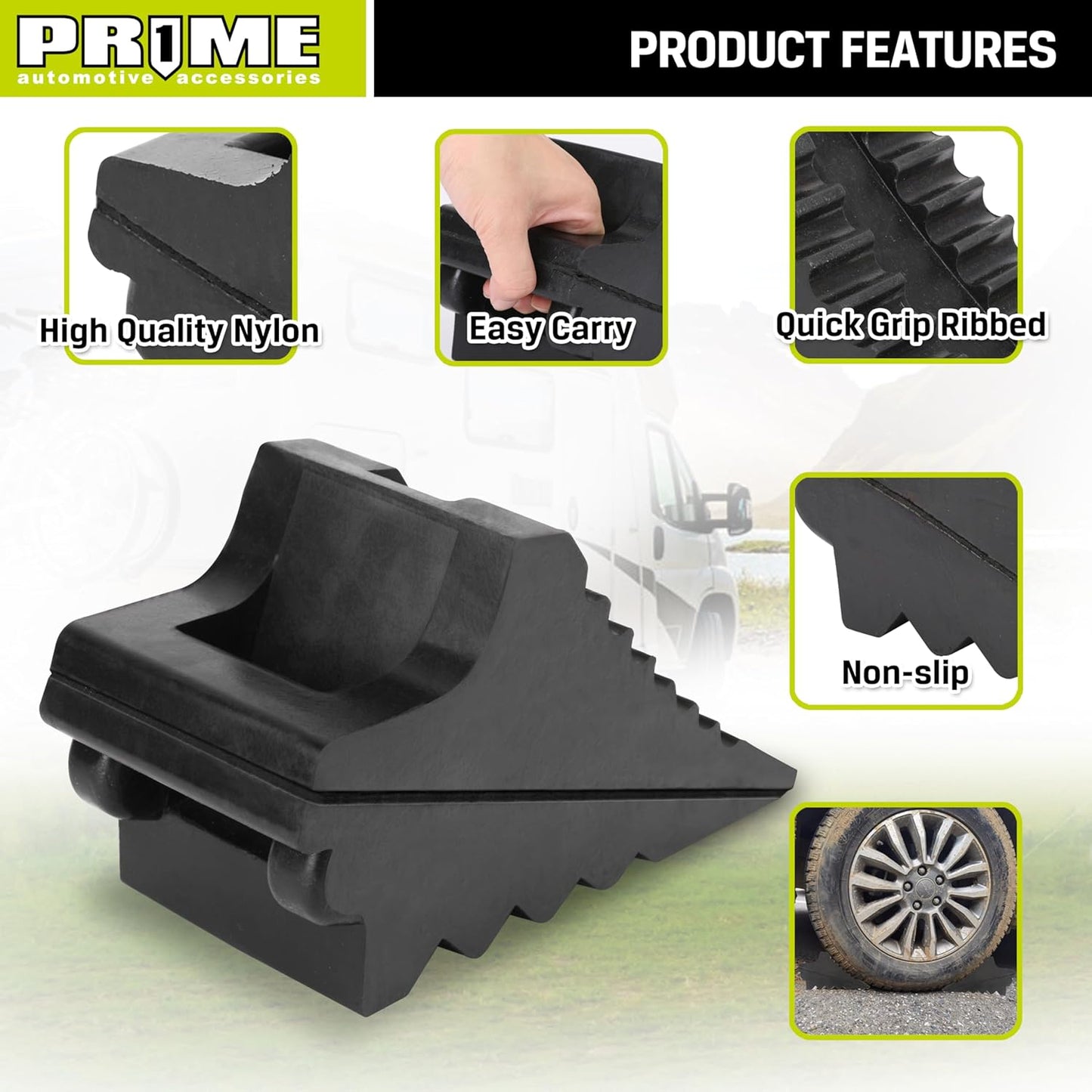 PR1ME Heavy Duty Rubber Wheel Chocks, Rubber Tire Blocks, RV Solid Rubber Wheel Wedge Blocks, 2 Pack Black 8.6" x 3.7" x 4.7", Carrying Handle, for Travel Trailer, Camper, RV, Truck