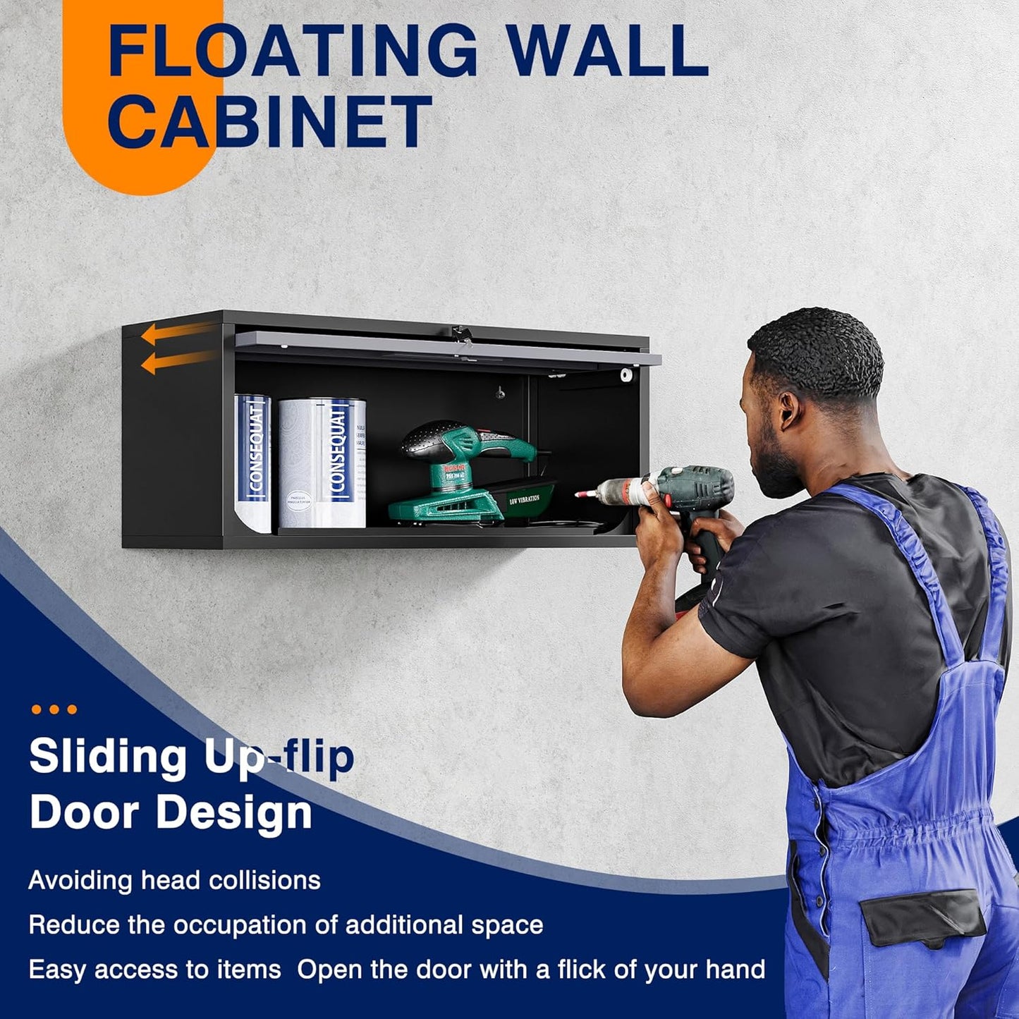 Yizosh Metal Garage Wall Cabinet with Doors, Wall Mounted Metal Storage Cabinet, Floating Garage Tool Cabinet for Garage, Basement, Kitchen, Warehouse (Black Gray, 13.7" H)