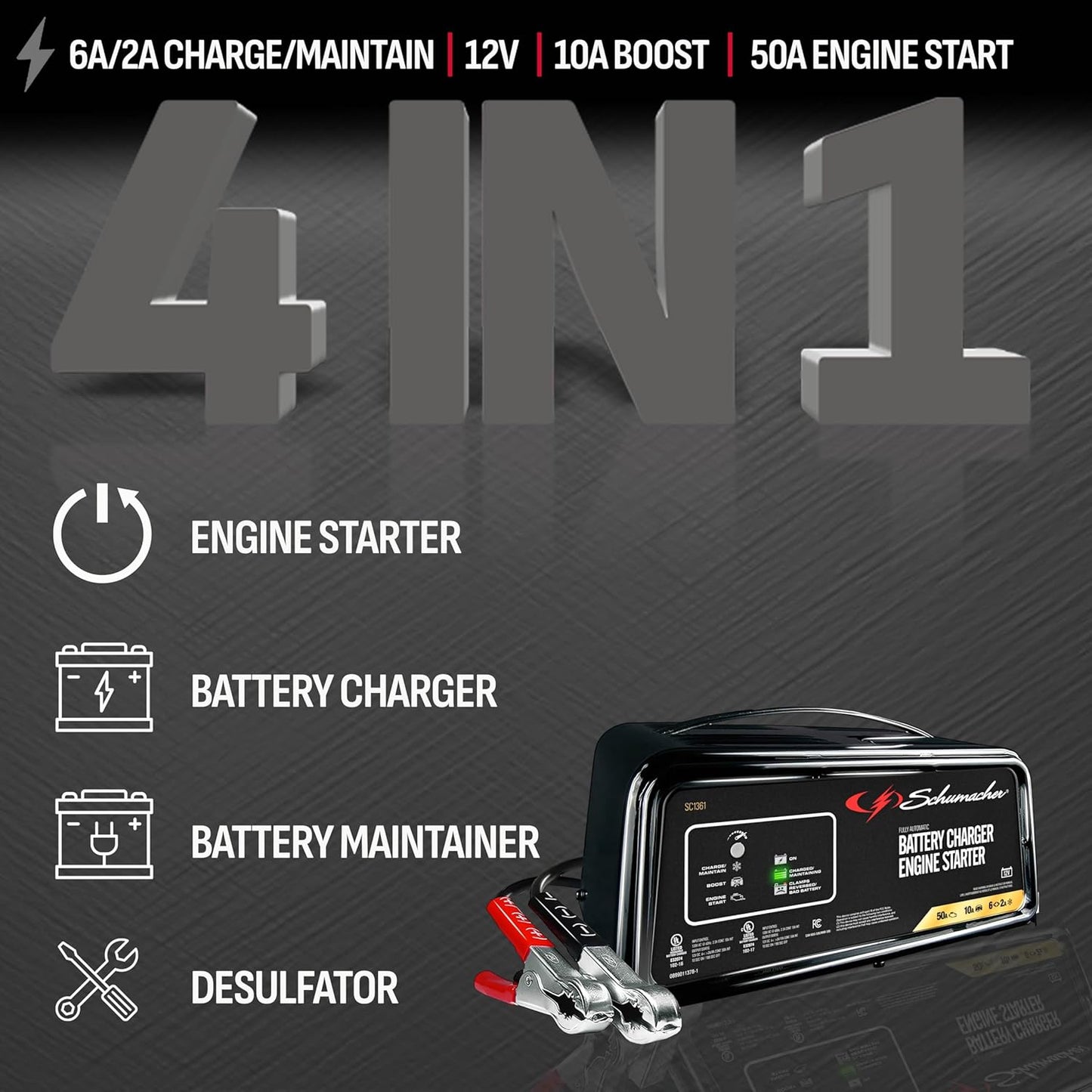 Schumacher Electric 50A 12V Car Battery Charger, Engine Starter & Maintainer - Fully Automatic Battery Charger for Cars, Trucks & RVs - 6A Charge/ 2A Maintain & 10A Boost Modes - SC1361