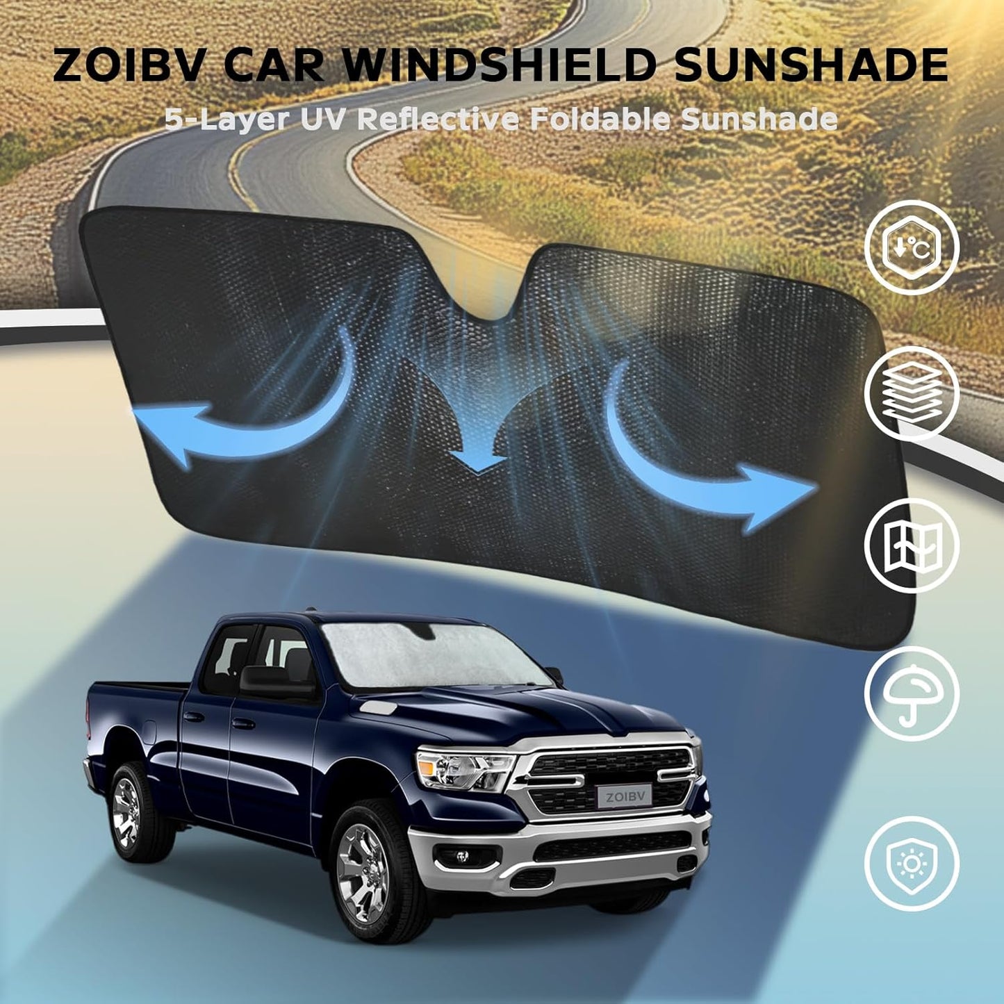 Windshield Sun Shade for Dodge RAM 1500 2019-2025 - 5-Layer Foldable Bubble Foldable Front Window Shade Sun Visor Accessories - Blocks Heat & UV Rays