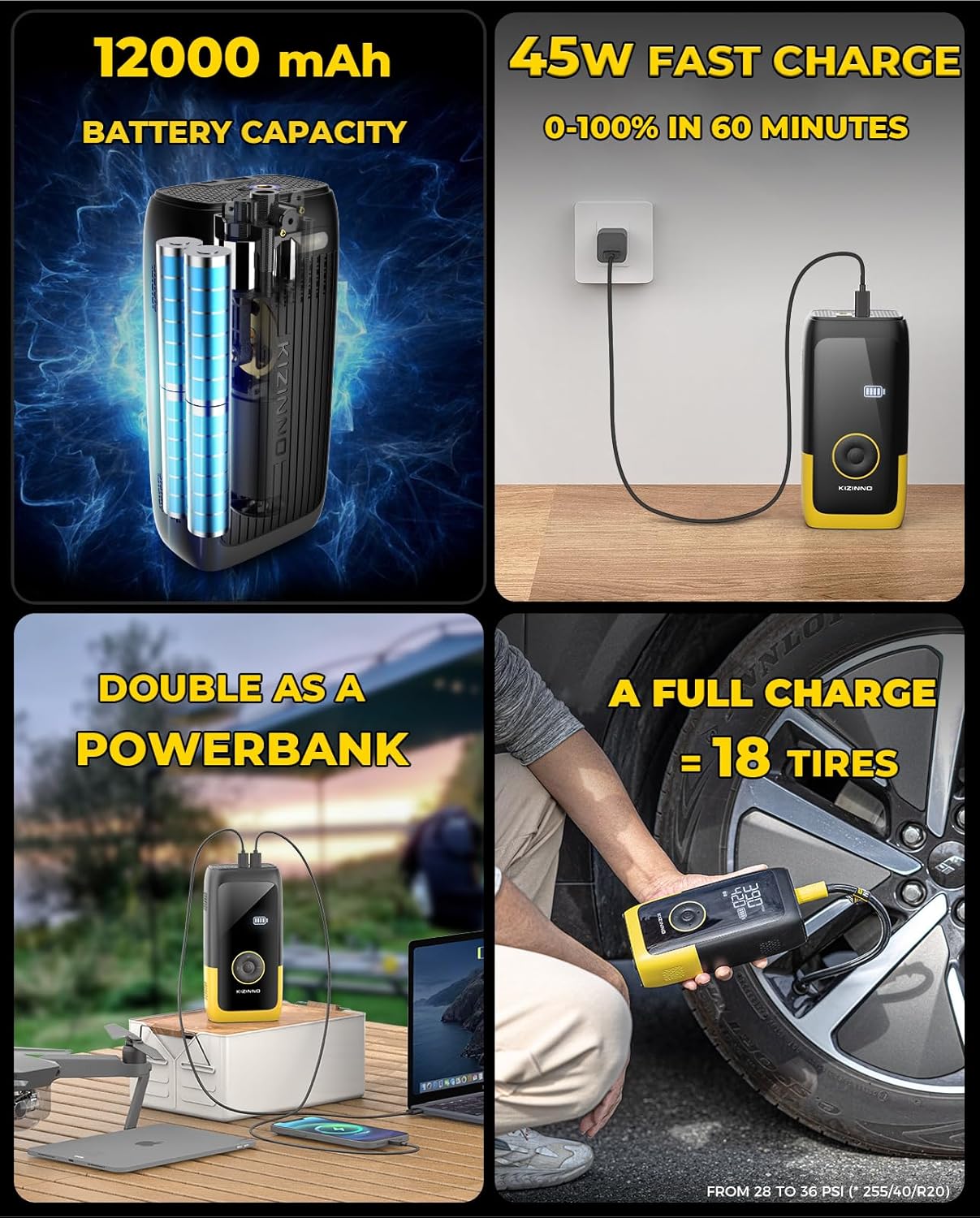 Tire Inflator Portable Air Compressor, Ultra Fast Dual-Cylinder Air Pump for [Pickup Truck & Large Car Tires] with Fine-Tune Mode, Pressure Gauge, 12000mAh&45W Fast Charge fits MPV, SUV, Cars, Motor