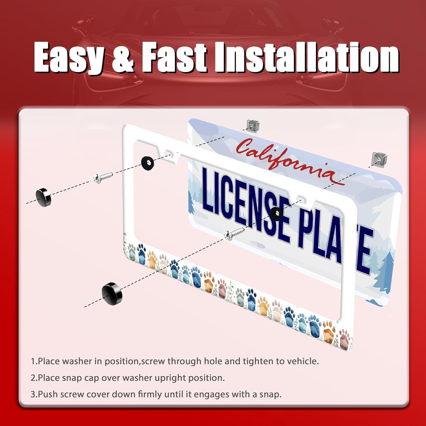 Bear Paw Print License Plate Frame Colorful Animal License Plate Frames Funny for Car Decorative Parts Stainless Stee License Plate for Standard Us Canada Funny License Plate Holder 12x6 Inch