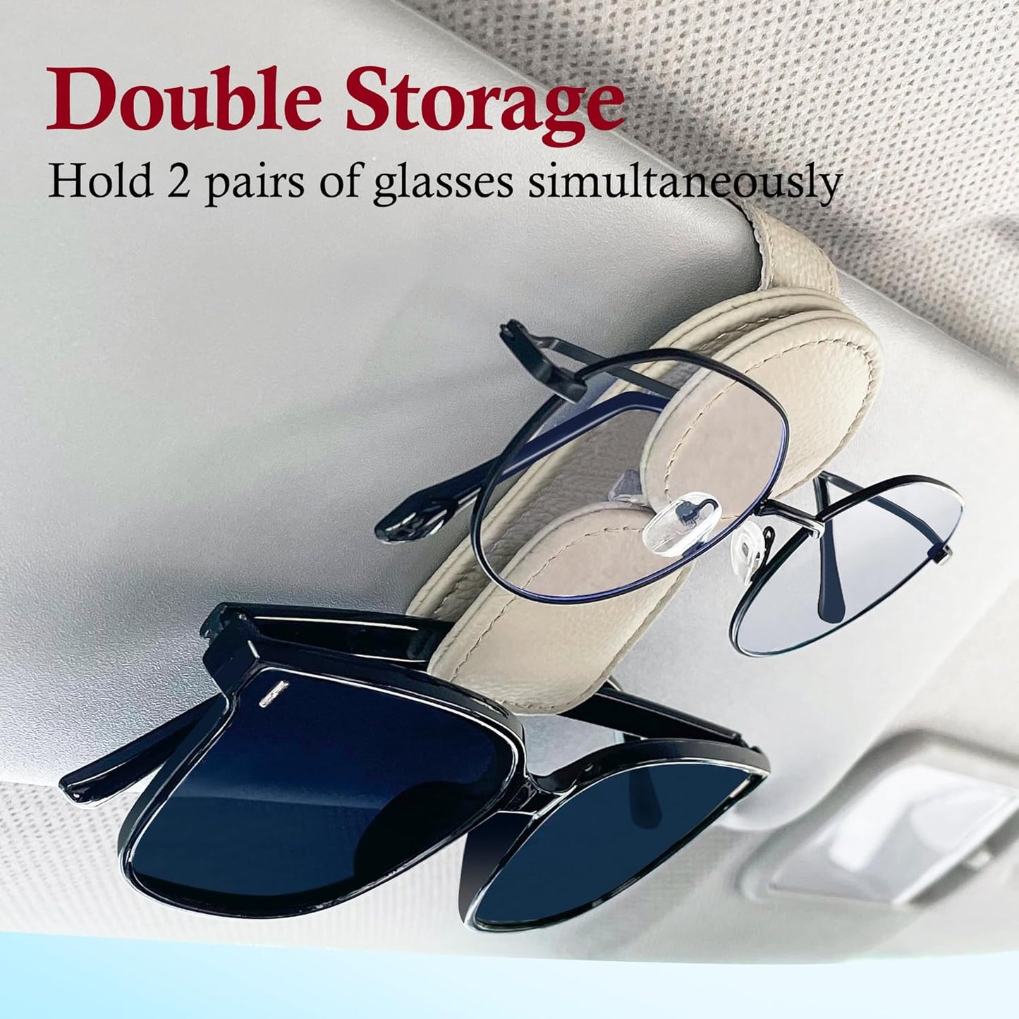 KIWEN 2 Pack Sunglasses Holder for Car Visor, Magnetic Leather Sunglass Eyeglass Hanger Clip for Car Sun Visor Accessories (2, Beige)