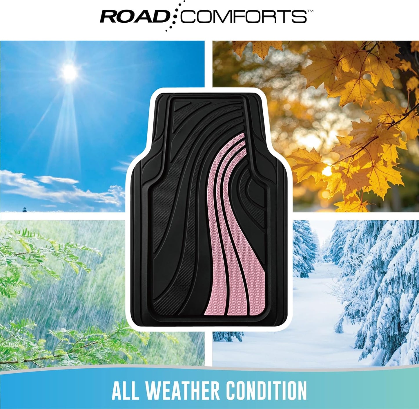 Road Comforts Car Floor Mats Full Set – Front & Rear Car Floor Mats with Aluminum Design, Anti-Slip Backing, All-Weather Protection, Trim-to-Fit Car Mats for Most Sedans, SUVs & Vans - Pink