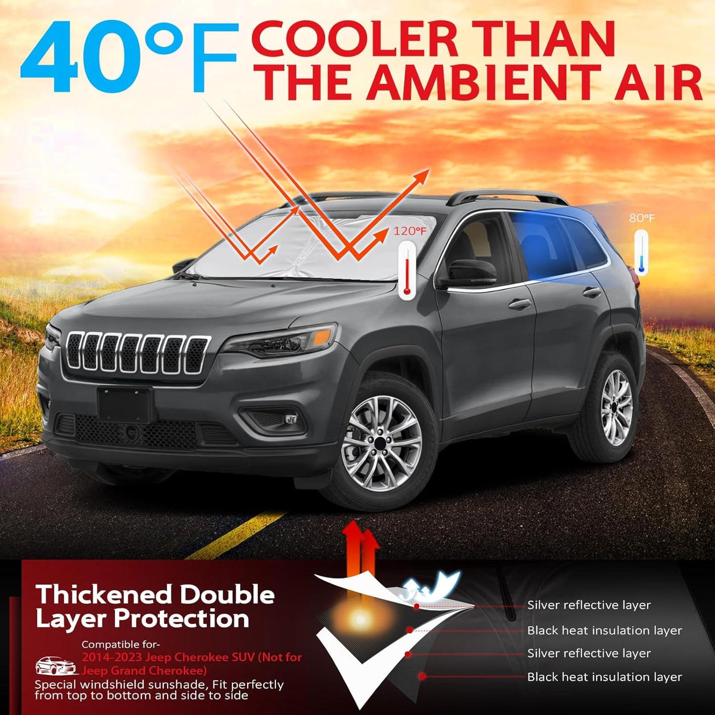 KAYZT Windshield Sun Shade for 2014-2023 Jeep Cherokee (Not for Jeep Grand Cherokee) SUV Foldable Sunshade Front Window Custom Fit Car Accessories