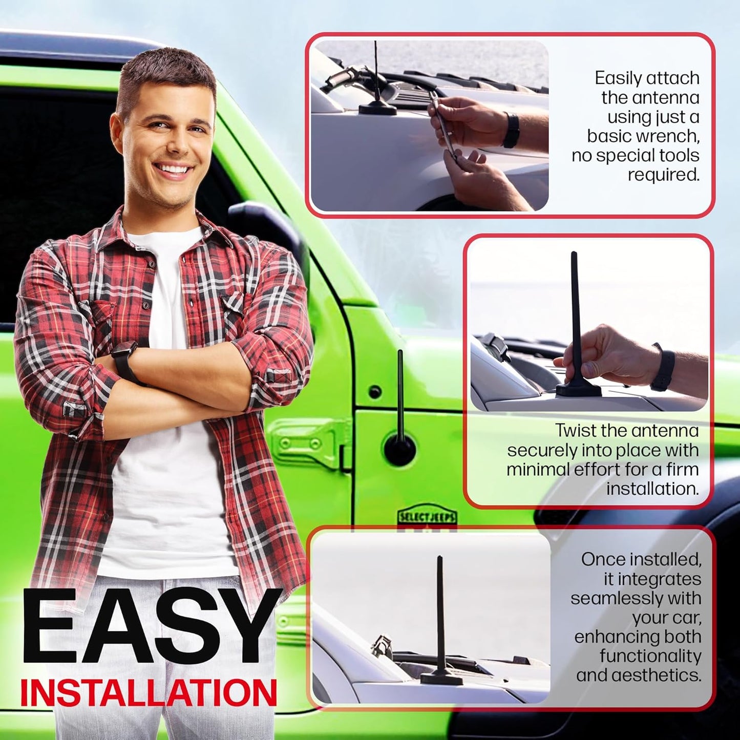 AntennaMastsRus Short Rubber Antenna for Jeep Wrangler JK/JL Gladiator (2007-2024), USA Stainless Steel Threading, The Original 6 3/4" Truck Accessory, Car Wash Proof, Internal Copper Coil