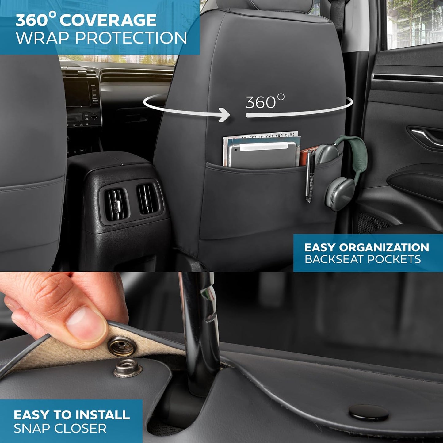 Elite Edition Faux Leather & Suede Seat Covers for Cars, Trucks, & SUV - 2 Charcoal Car Seat Covers for Front Seats - Universal Fit Car Accessories Automotive Interior Protector for Cars