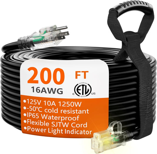 HUANCHAIN 16/3 Gauge 200 ft Extension Cord Outdoor Waterproof with Lighted end, Flexible Cold-Resistant 3 Prong Long Black Extension Cord Outside, 10A 1250W 16AWG SJTW, ETL