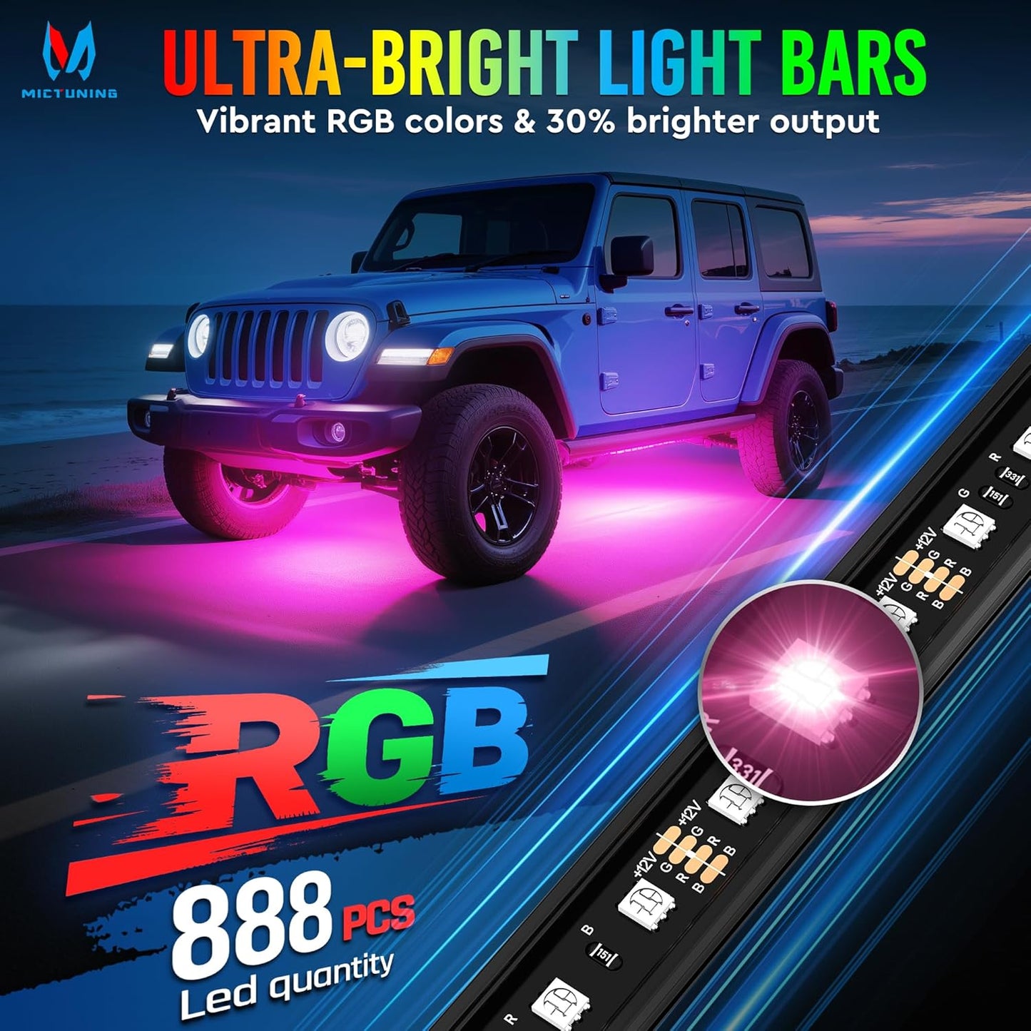 MICTUNING U8 RGB Underglow LED Light Bar, Dual Remote Control, Multicolor Underbody Light Strip with Aluminum Housing, Car SUV Exterior Neon Accent IP68 Waterproof, 8pcs