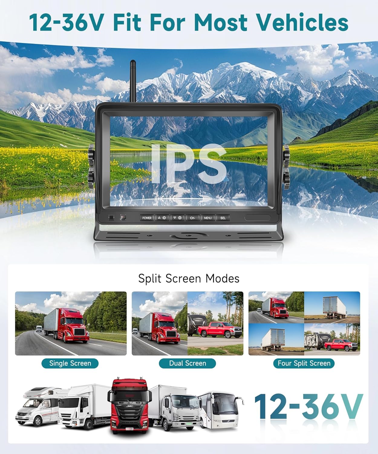 Wireless Backup Camera for RV, 7" IPS Monitor Kit AHD Rear View Camera Waterproof Night Vision DVR Recording, Wireless Reverse Camera 12V-36V for Truck/Trailer/RV/Camper/Excavator/Caravan