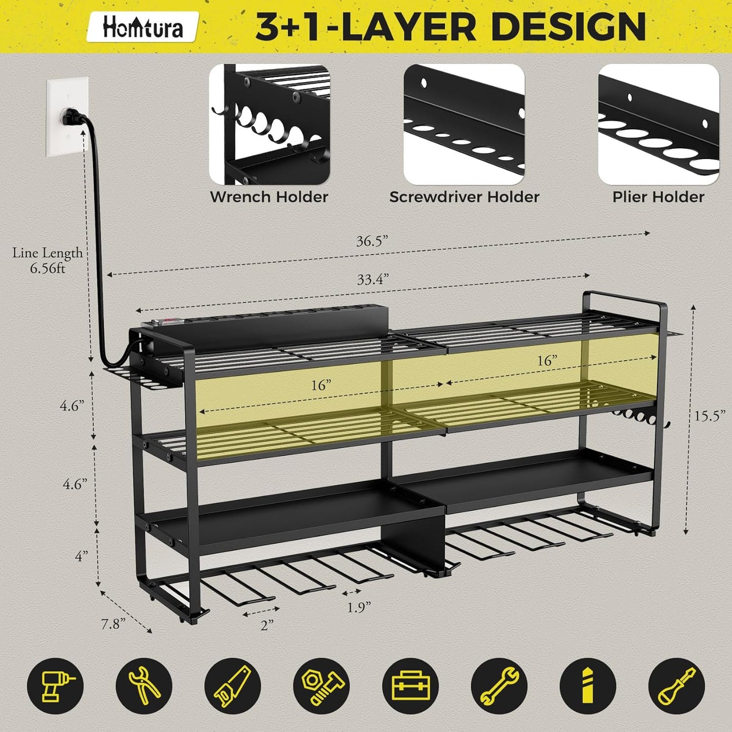 2 Pack Power Tool Organizer Wall Mount with Charging Station, 8 Outlet Power Strip & 4 Layers Storage Rack with 8 Drill Holders for Cordless Tools, Heavy Duty Utility Racks for Garage Workshop