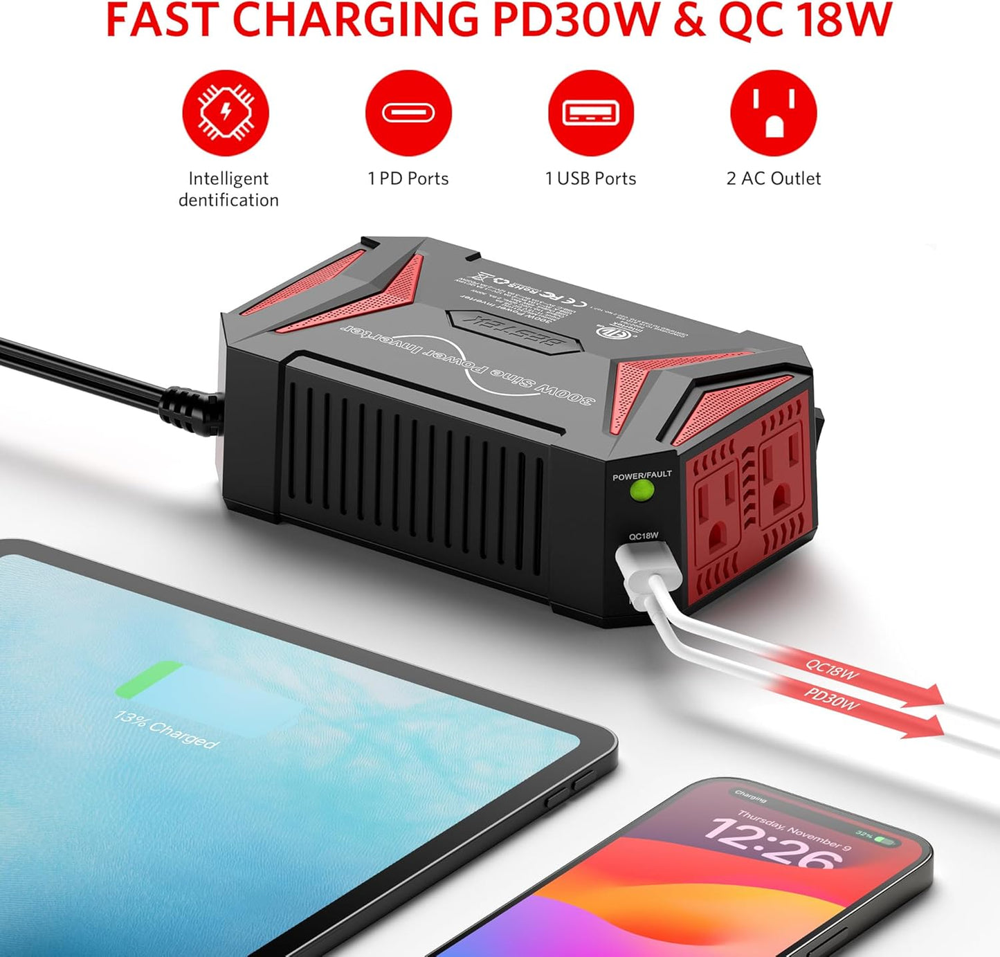 BESTEK 300Watt Pure Sine Wave Power Inverter [30W PD USB-C] Car Adapter DC 12V to AC 110V with QC3.0 USB Ports, Multi-Protection Car Charger Power Inverter for Vehicles