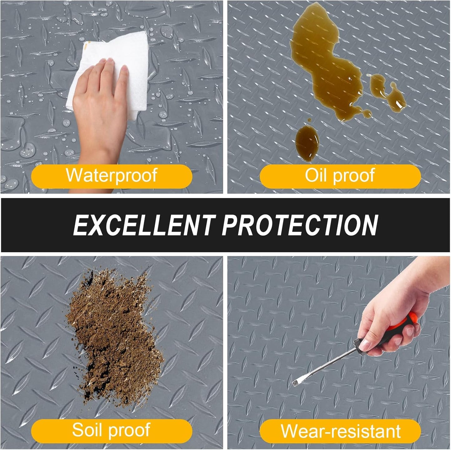 7.5x18 FT Garage Floor Mat, Flooring Roll with 20Pcs Tapes, 135 sqft Diamond Plate PVC Rubber Trailer Mat, Non-Slip Floor Mat for Garage, Warehouse, Gyms, Trailer, Pickup Truck (Grey)