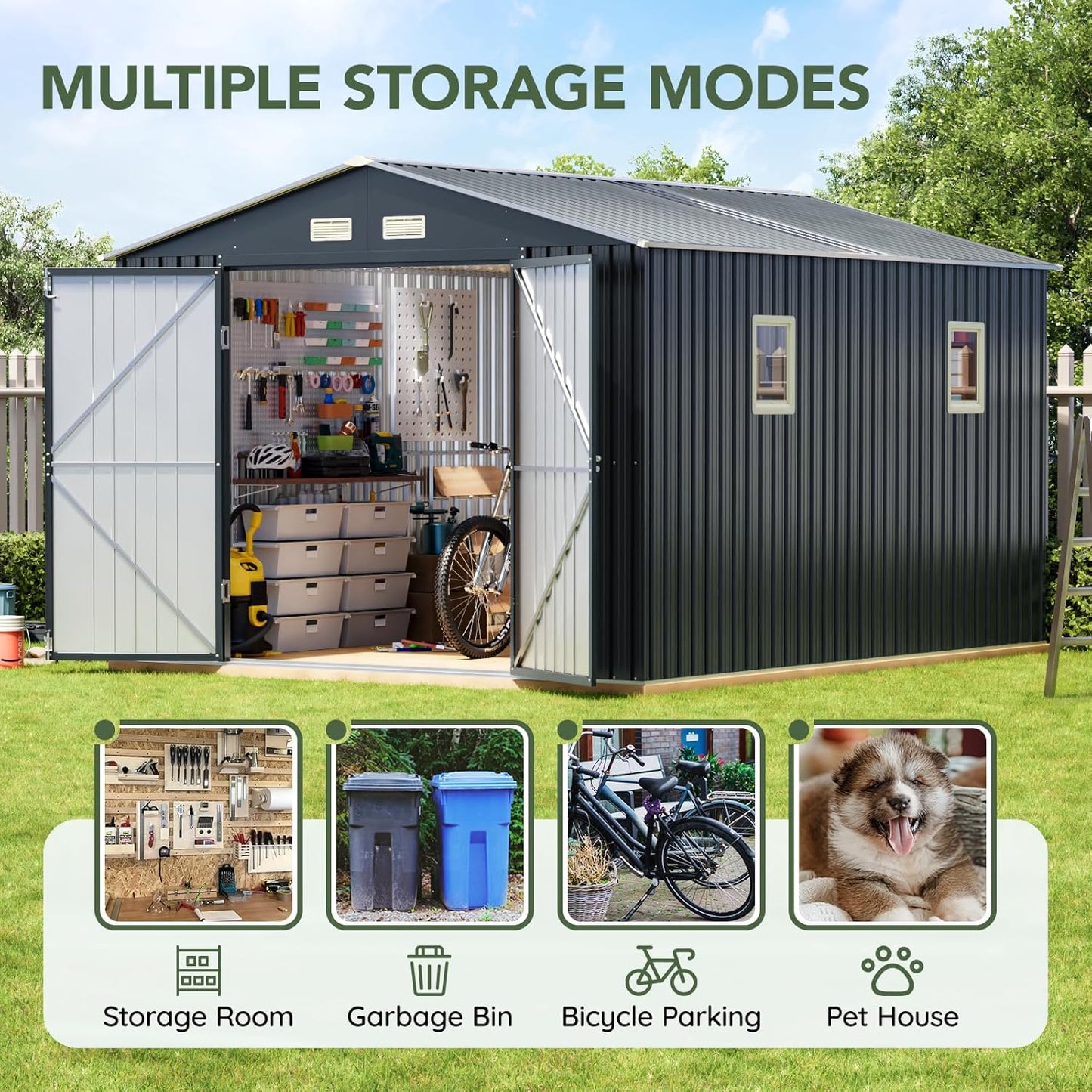 10x12 FT Outdoor Metal Storage Shed, Double Swing Doors, 2 Clear Windows, Replaceable Skylight Roof Panel, Tool Shed for Garden, Patio, Backyard