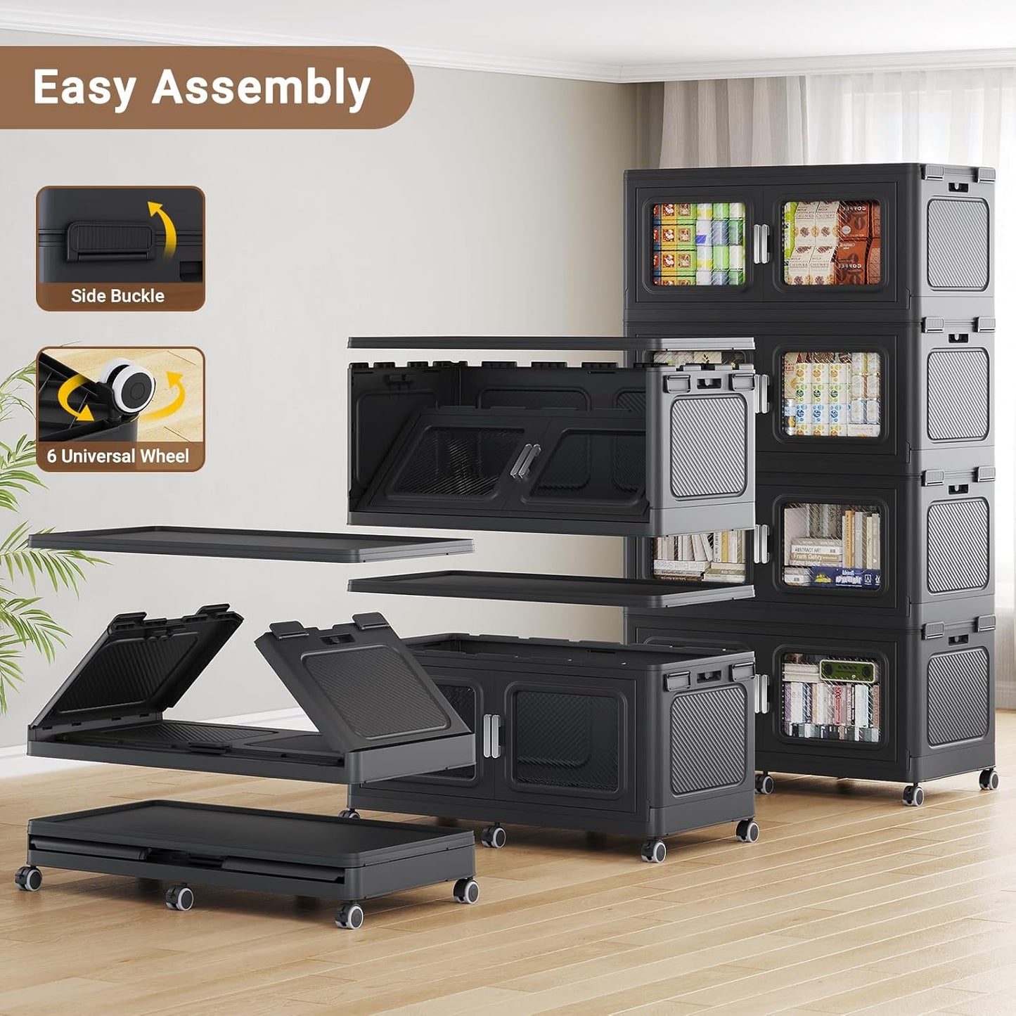 220 Qt Stackable Storage Bin with Lids, 55Gal Extra Large Collapsible Storage Boxes, Folding Plastic Drawer, Heavy-Duty Store Cabinet, Closet Organizer for Home Kitchen, 1 Pack Black