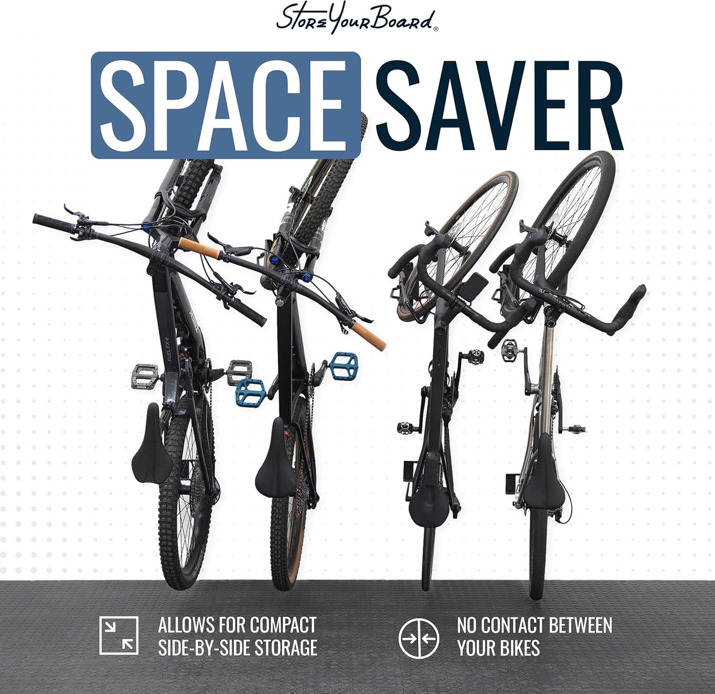 StoreYourBoard SwivelStow Bike Storage Rack 4 Pack, 2 MTB & 2 Road & Gravel Bike Wall Mounts, Heavy Duty Bike Hanger, No-Lift Bike Wall Mount for Garage Bike Storage, Holds 70 lbs, Patent-Pending