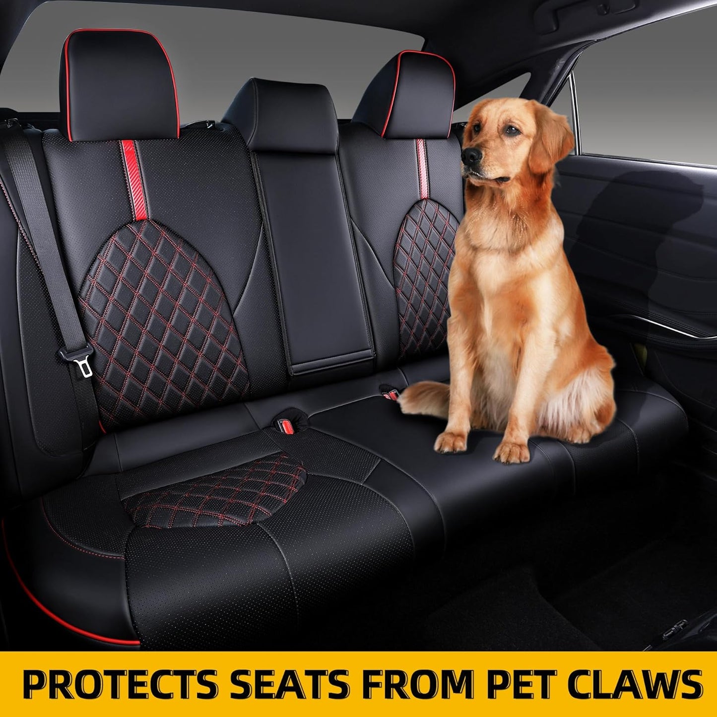 Custom Fit Camry Seat Covers for Toyota Camry Hybrid LE, Hybrid SE 2018-2024 Full Coverage Waterproof Breathable Leather Car Seat Covers Full Set (Black with Red Trim)