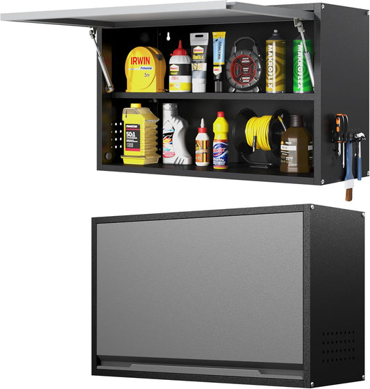 Metal Wall Cabinet with Adjustable Shelves, Doors - Floating Tool Storage for Garage/Warehouse - Black/Gray