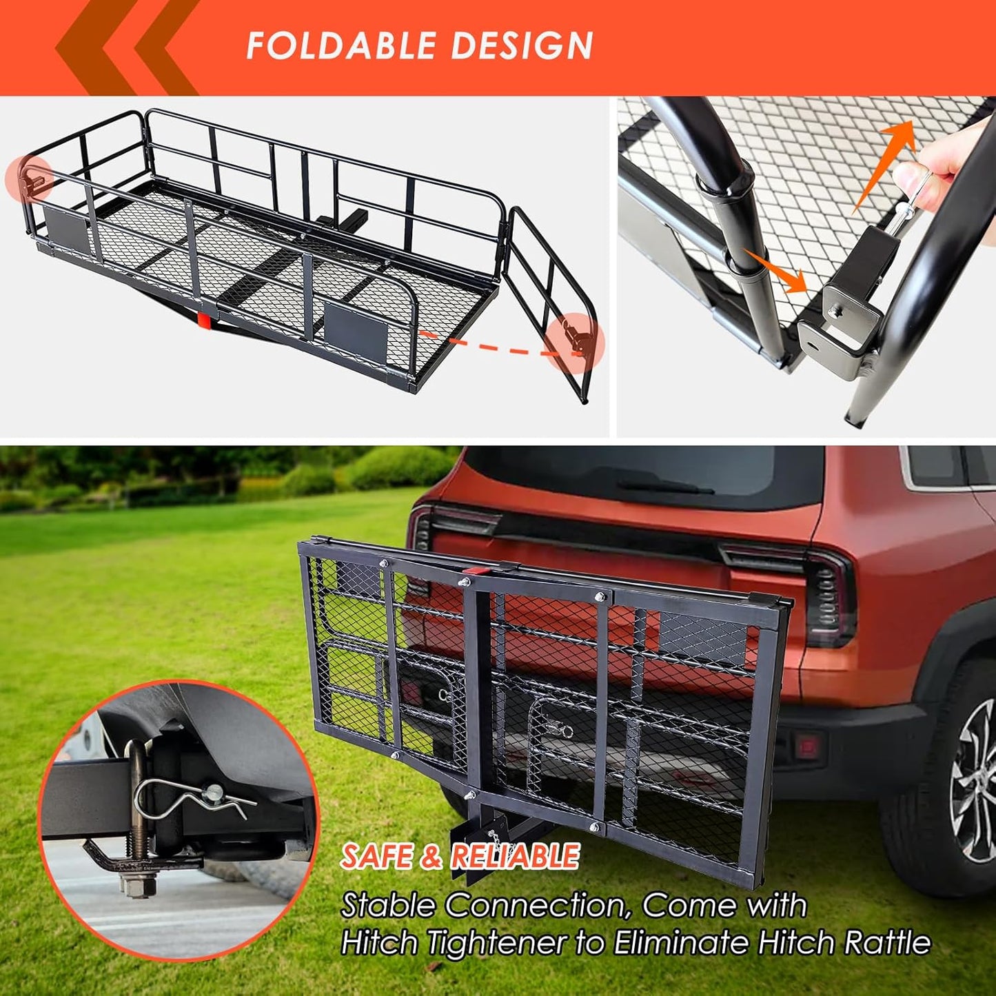 MeeFar High Rail Trailer Folding Hitch Mount Cargo Carrier Basket 60" X 24" X 14"+Waterproof Cargo Bag 20 cu ft(59" 24" 24"), Capacity of 500 Lbs with Hitch Stabilizer, Net, Lock and Straps