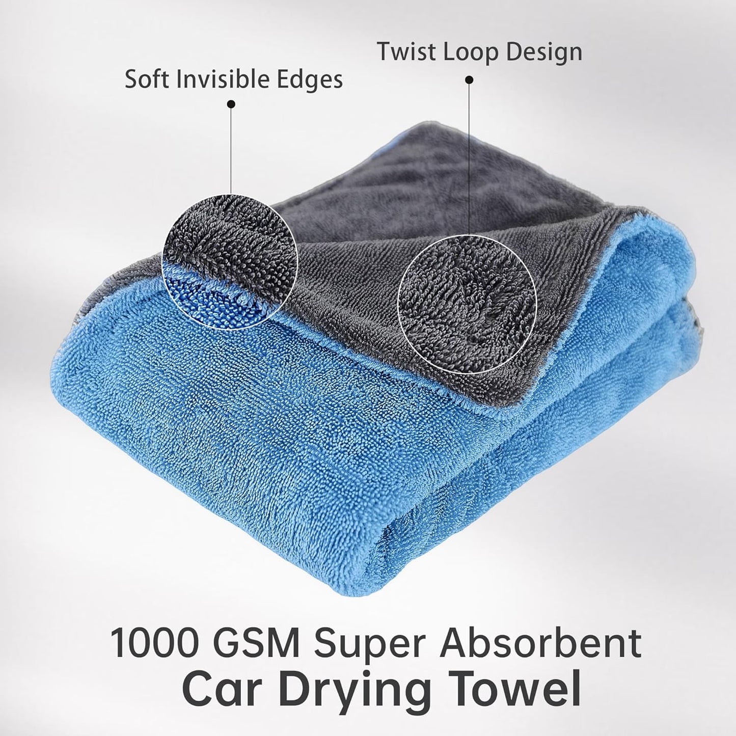 LIVOS Extra Large Car Drying Towel, Twisted Terry Microfiber Towels for Cars, 1000GSM Professional Quick Dry Cleaning Cloth for Car, Scratch-Free, Absorbent Wash Towel, 25" x 36" (Blue&Grey)