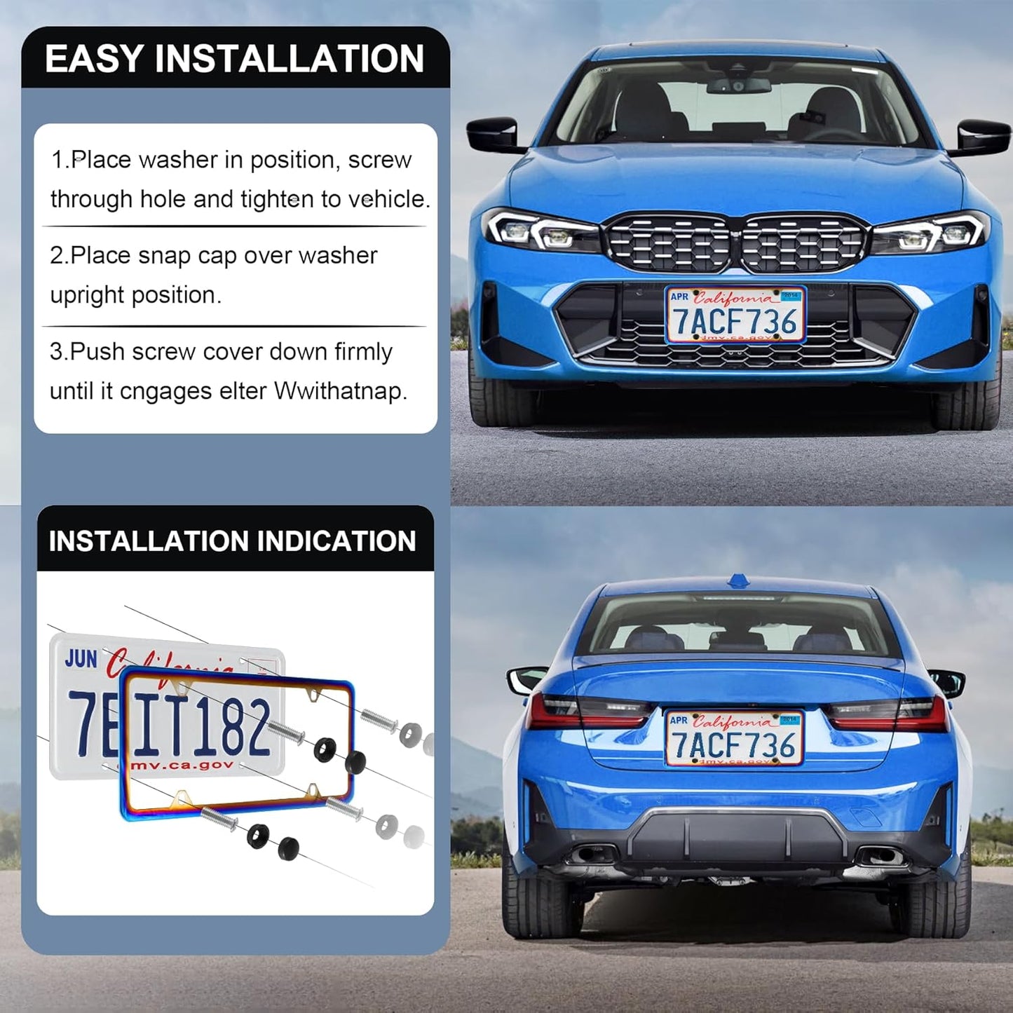 LivTee 4 Holes Stainless Steel License Plate Frames, 2 PCS Car Licence Plate Covers, Automotive Exterior Accessories Slim Design with Bolts Washer Caps for US Vehicles, Colorful